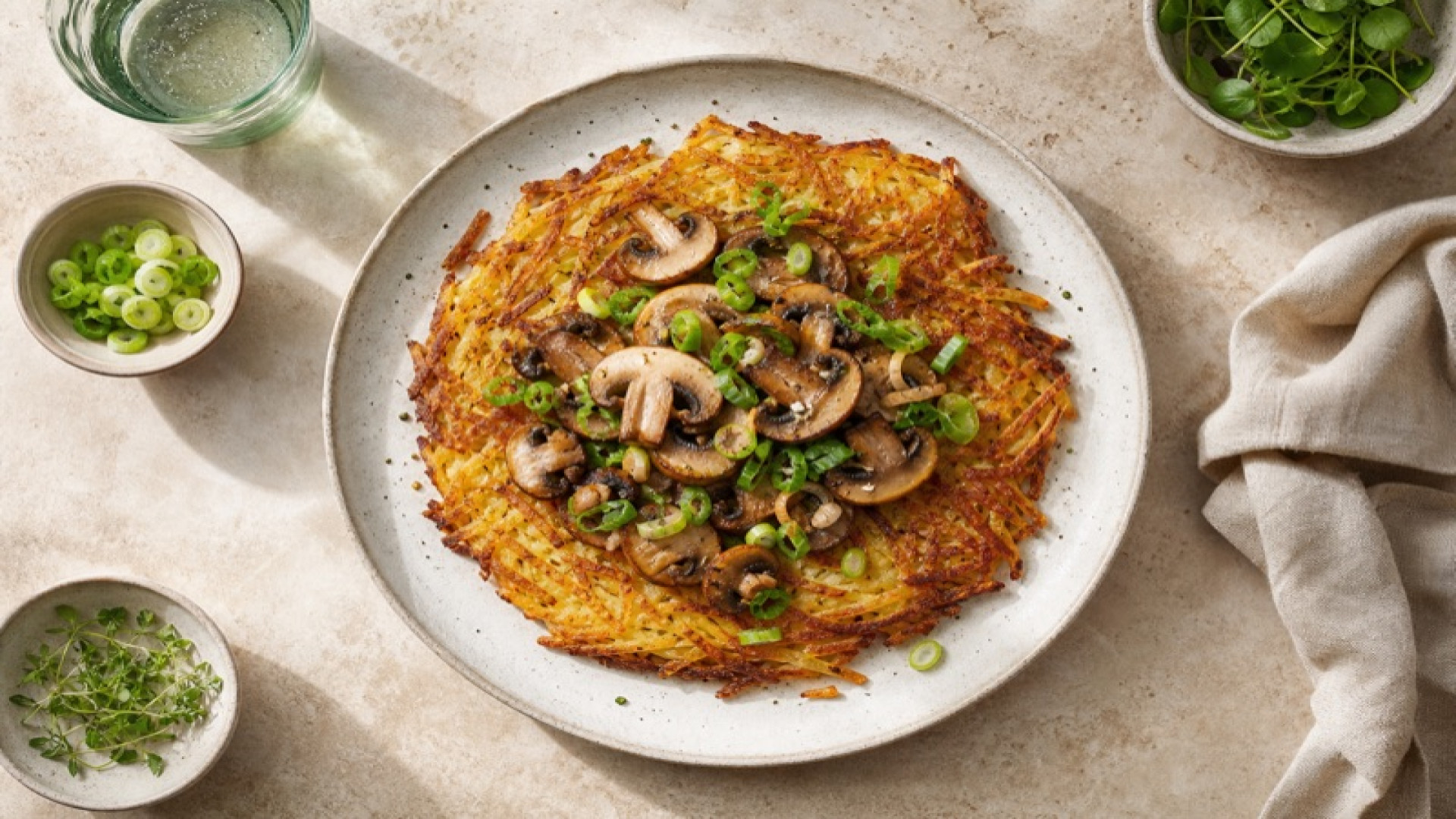 Goldbraune Kartoffelrösti mit Champignons und Frühlingszwiebeln