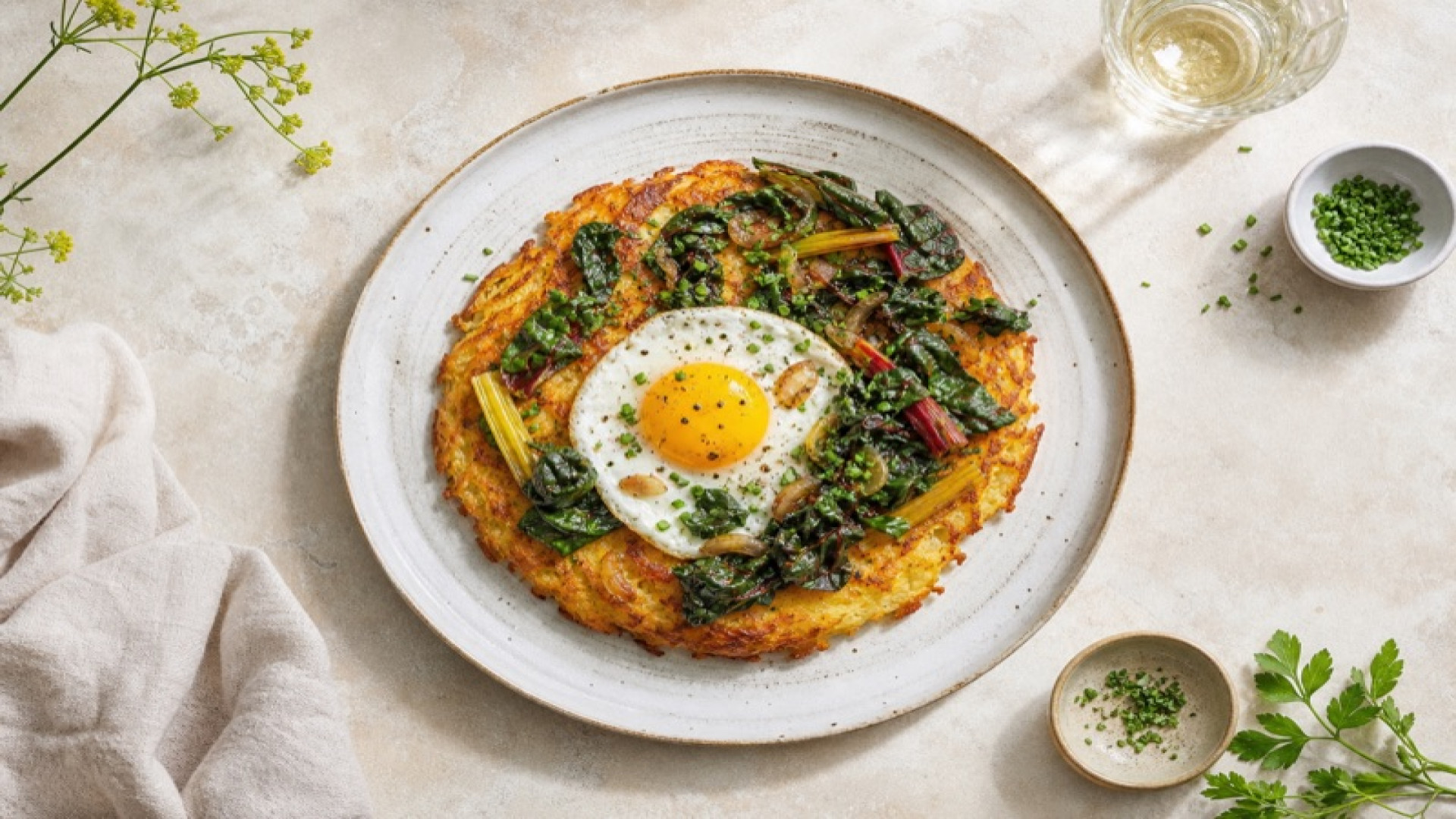 Goldbraune Kartoffel-Rösti mit Ei und Mangold