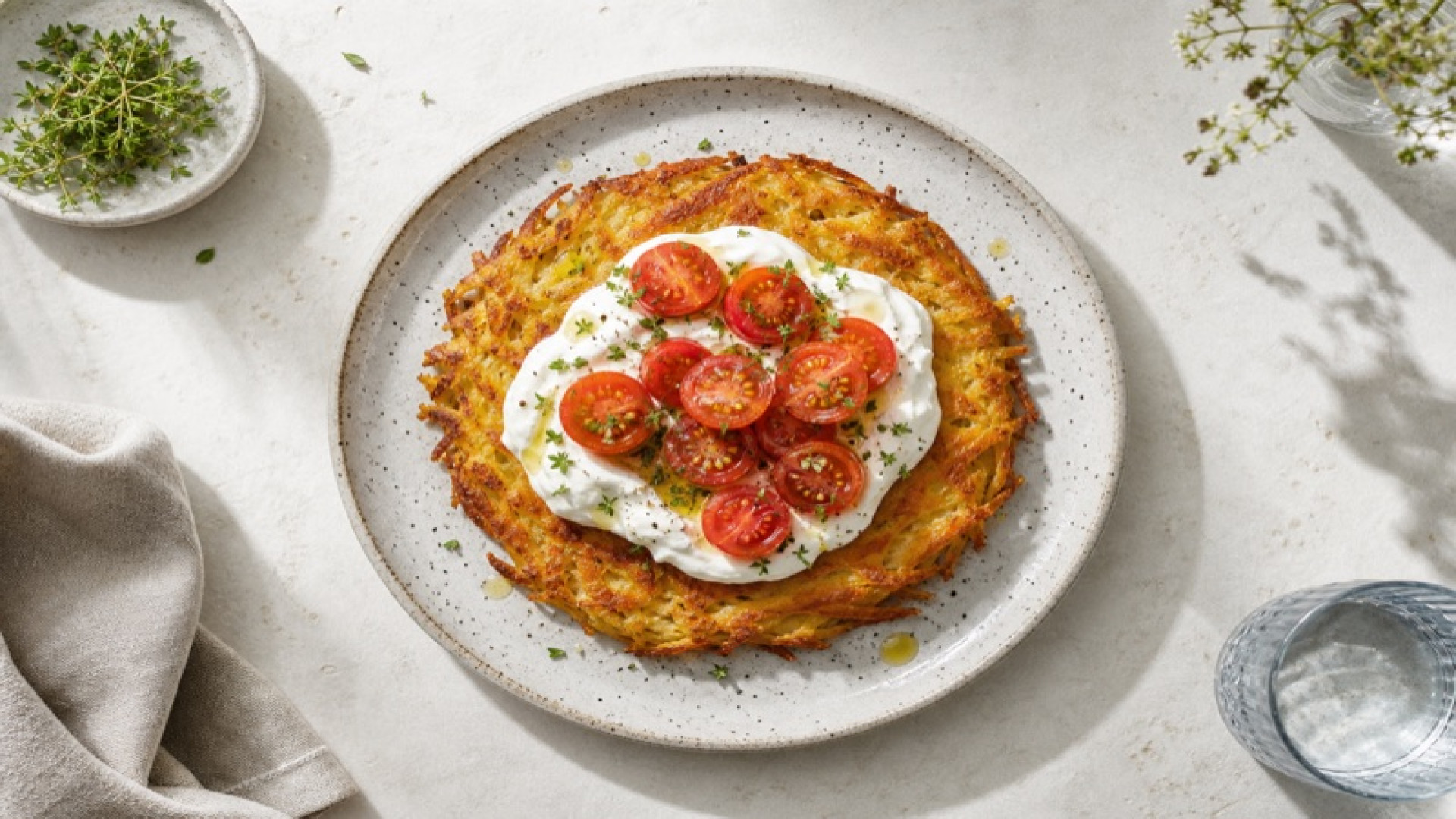 Goldbraune Kartoffel-Rösti mit Griechischem Joghurt und Kirschtomaten