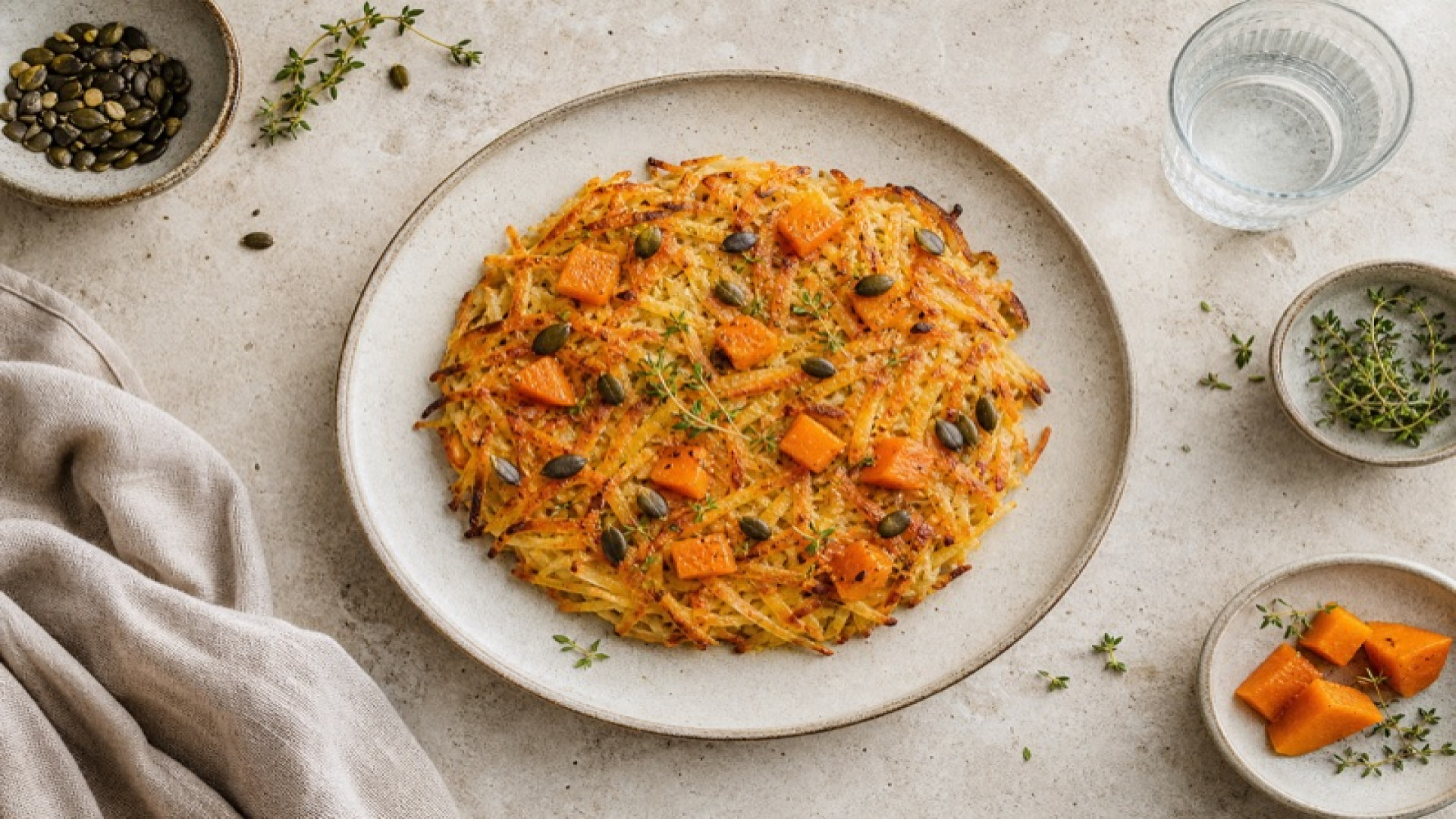 Goldbraune Kartoffel-Rösti mit Hokkaido-Kürbis und Kürbiskernen
