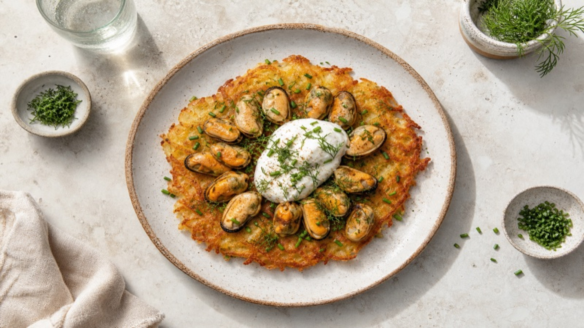 Goldbraune Kartoffelrösti mit Miesmuscheln und Sauerrahm