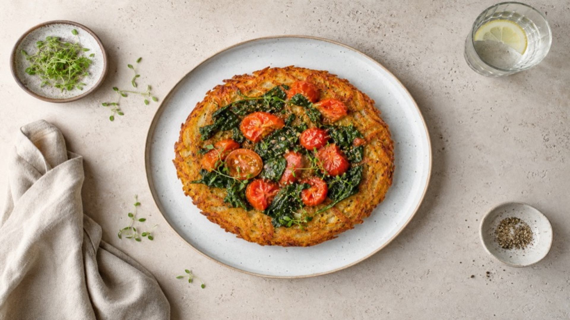 Goldbraune Kartoffel-Rösti mit Spinat und Tomaten