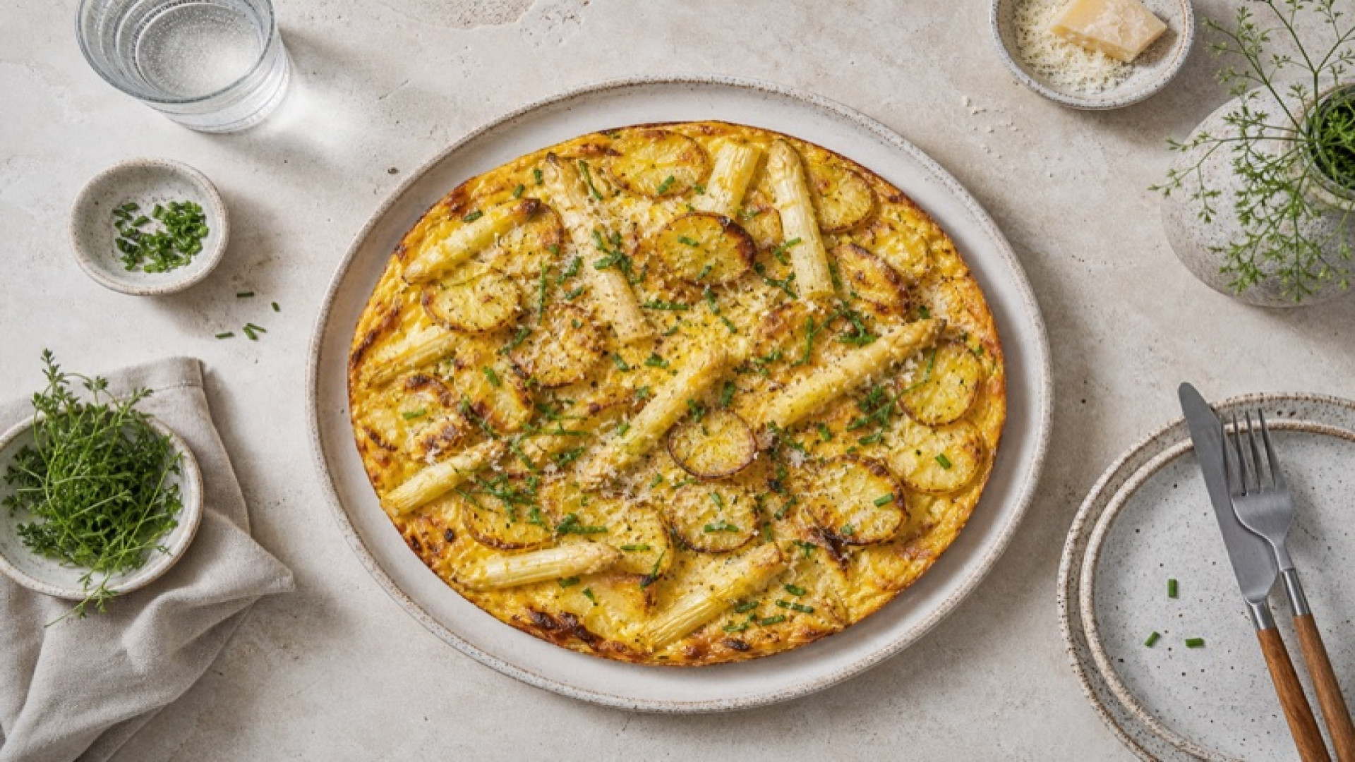 Goldbraune Kartoffel-Spargel-Frittata mit Parmesan