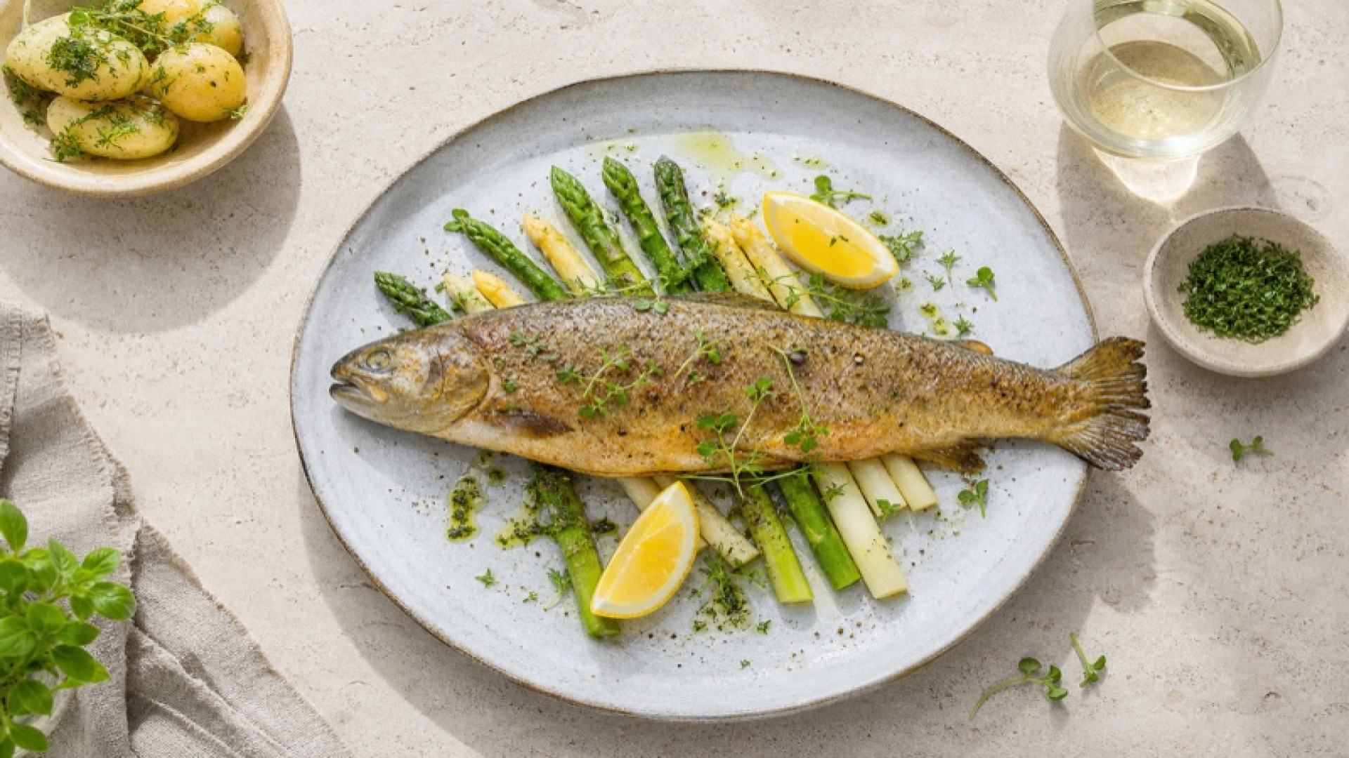 Goldbraune Meerforelle mit Spargel und Zitrone