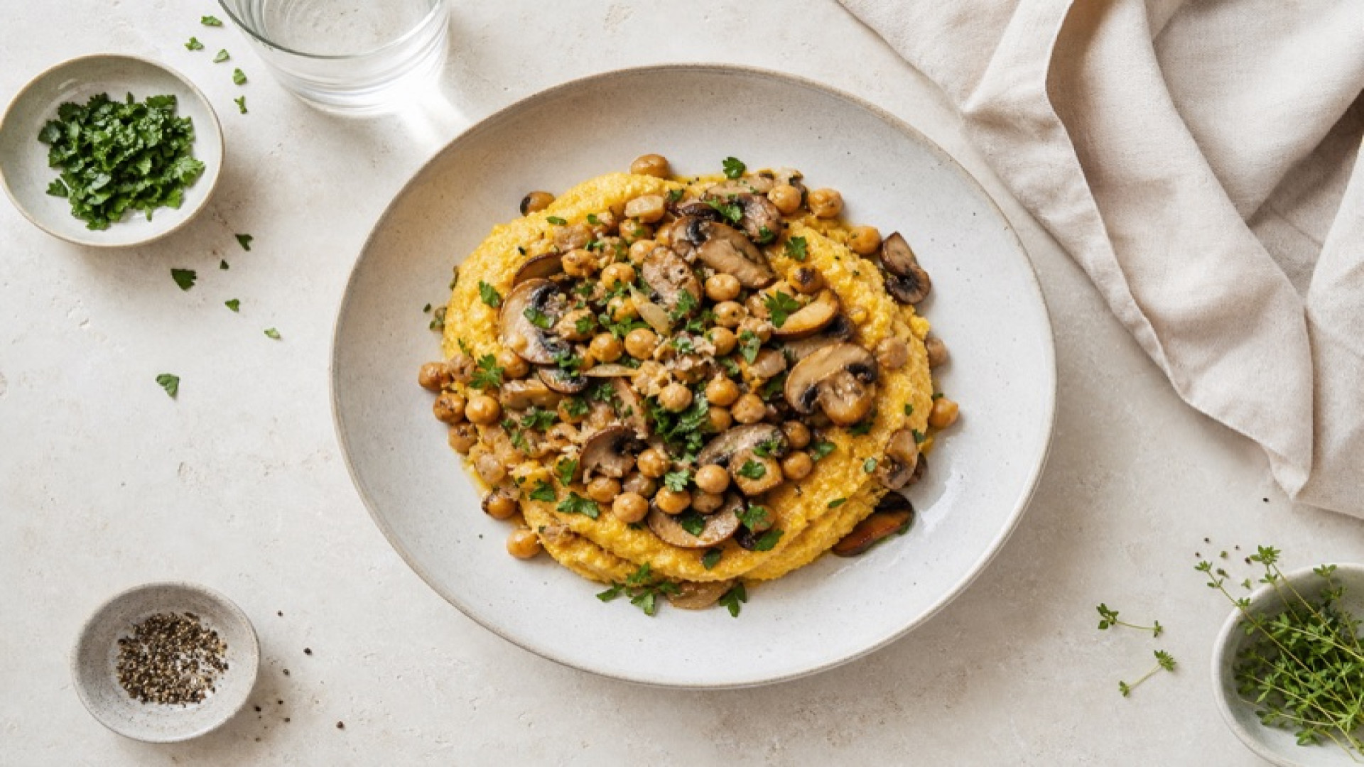 Goldbraune Polenta mit Champignons und Kichererbsen
