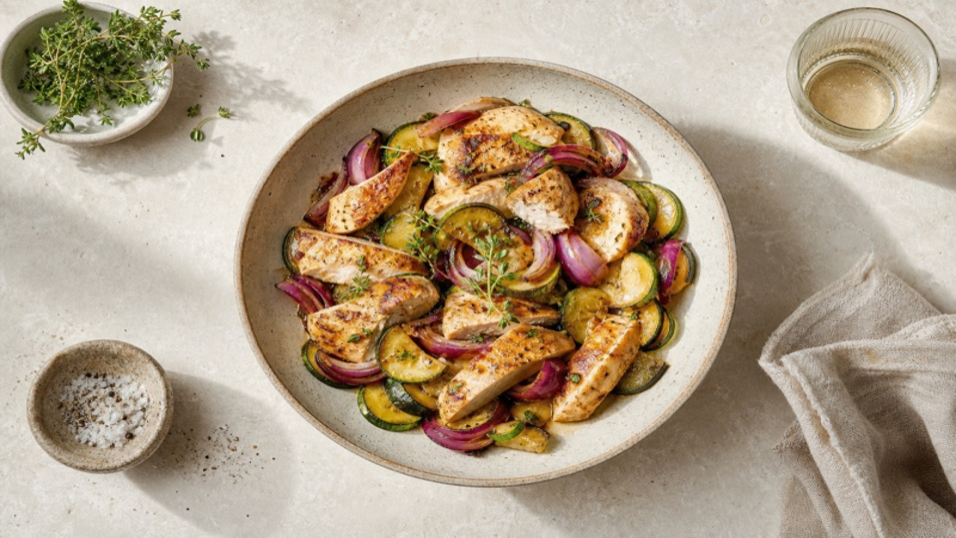 Goldbraune Poularden-Bowl mit Zucchini und Roten Zwiebeln