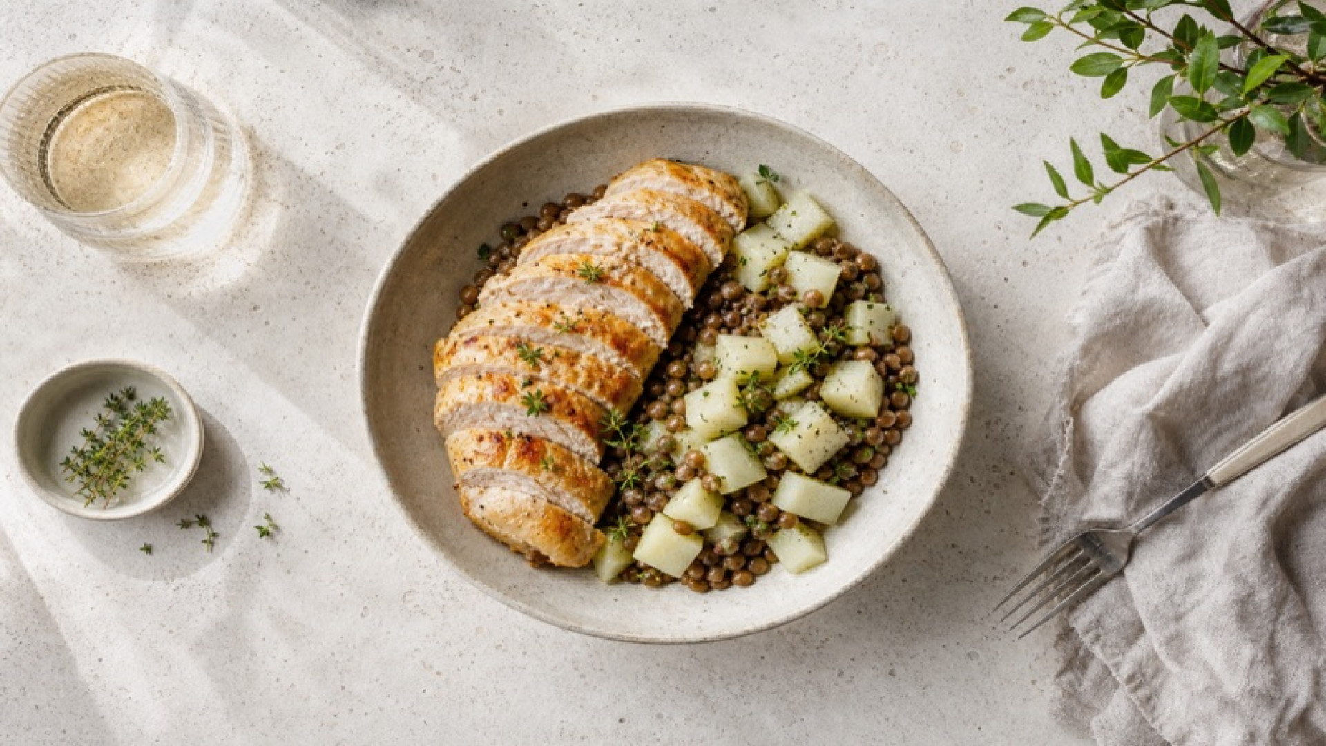 Goldbraune Putenbrust-Bowl mit Kohlrabi und braunen Linsen