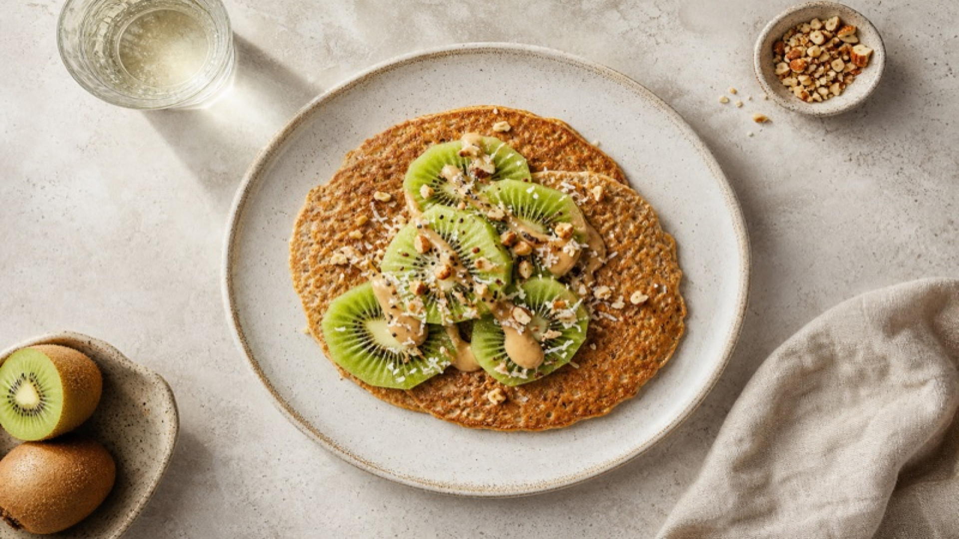Goldbrauner Dinkel-Schrot-Pfannkuchen mit Kiwi