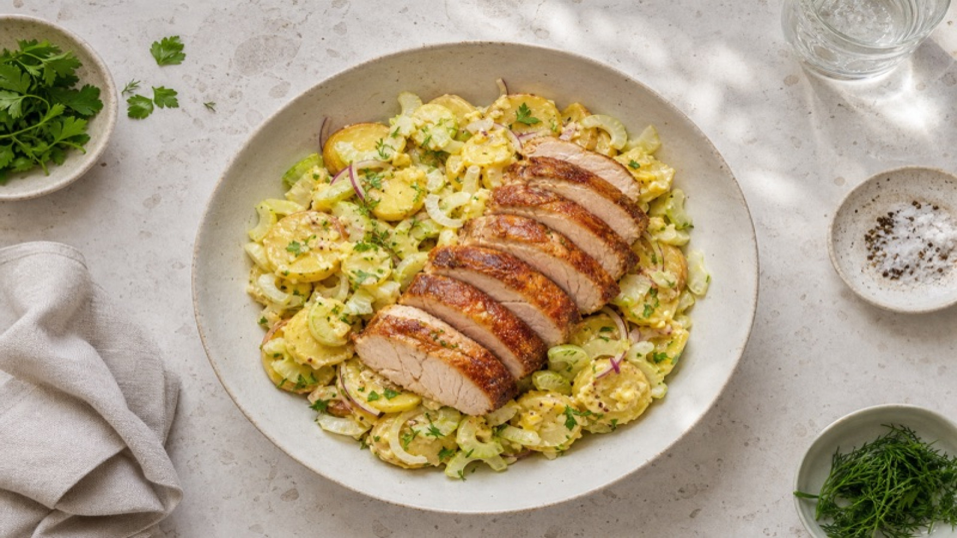 Goldbrauner Kammbraten-Kartoffelsalat mit Bleichsellerie und Senf