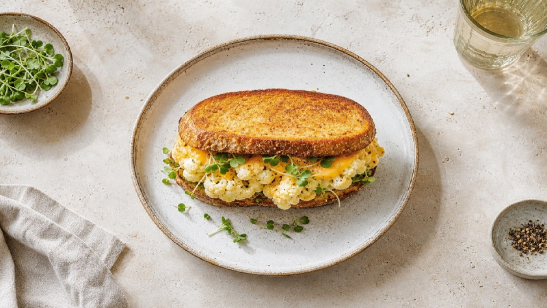 Goldbrauner Kartoffel-Ei-Sandwich mit Blumenkohl und Käse
