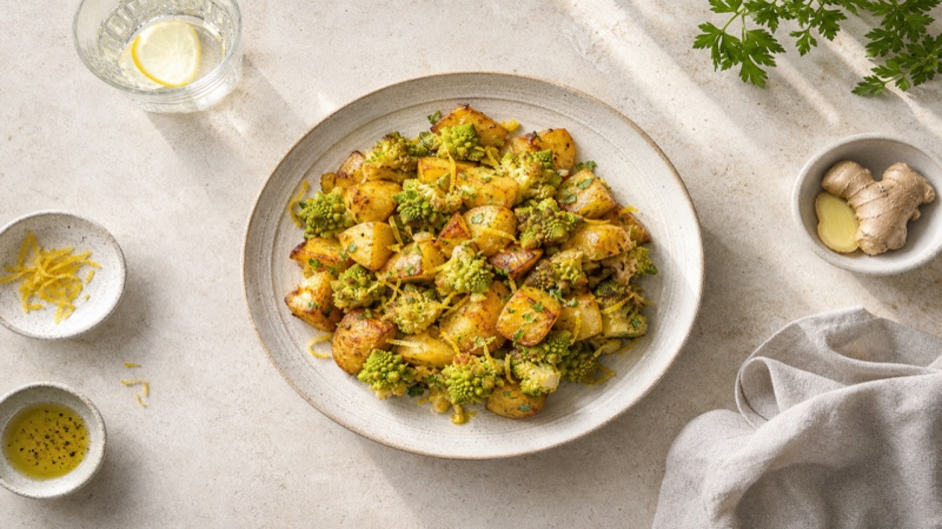 Goldbrauner Kartoffel-Romanesco-Teller mit Ingwer-Zitronen-Öl