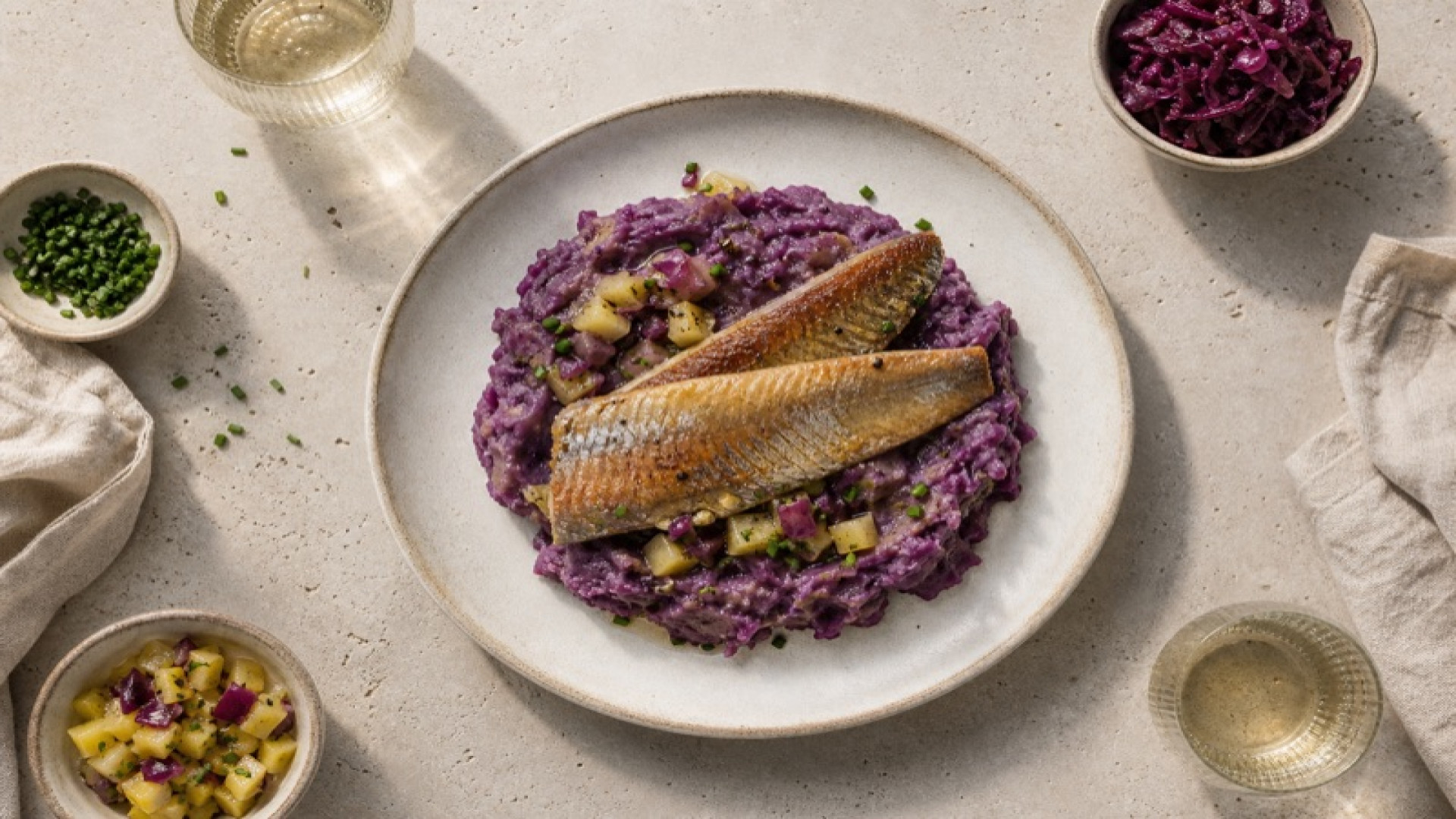 Goldbrauner Matjes mit Kartoffel-Rotkohl-Stampf