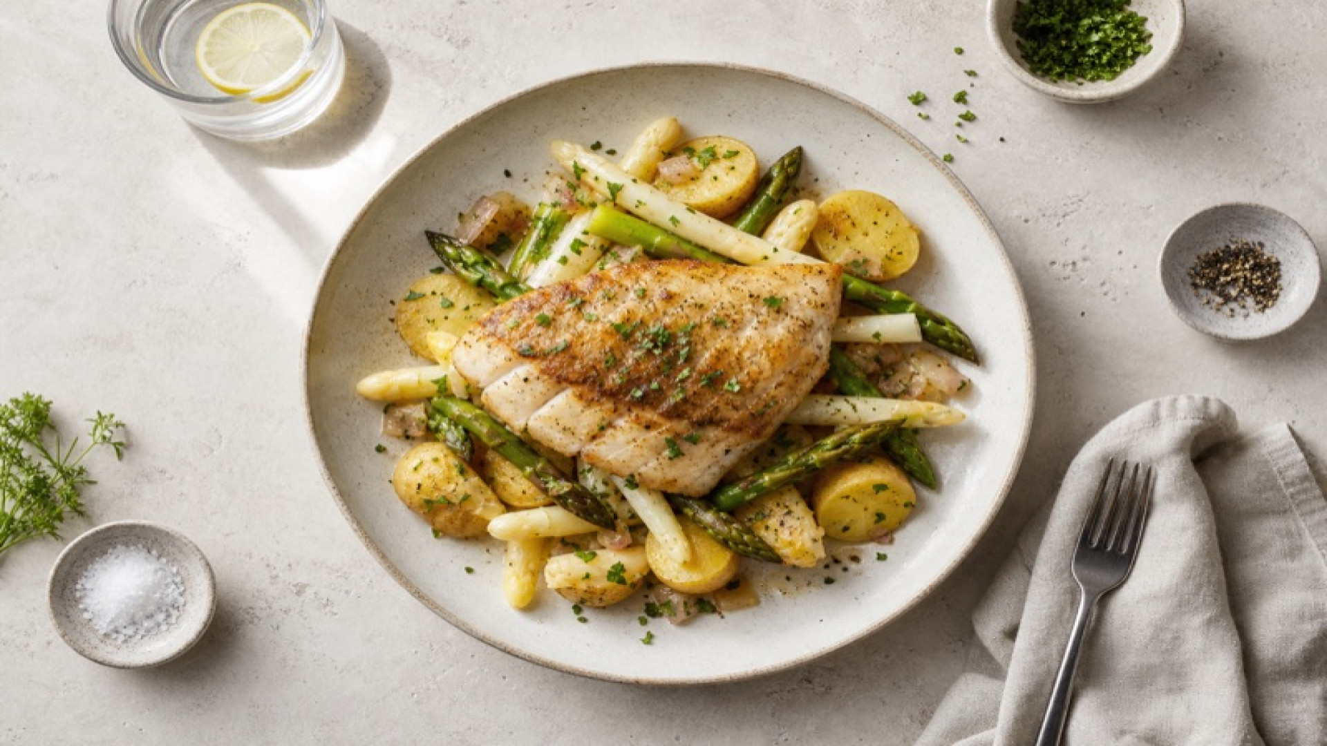 Goldbrauner Schellfisch mit Spargel-Kartoffel-Pfanne