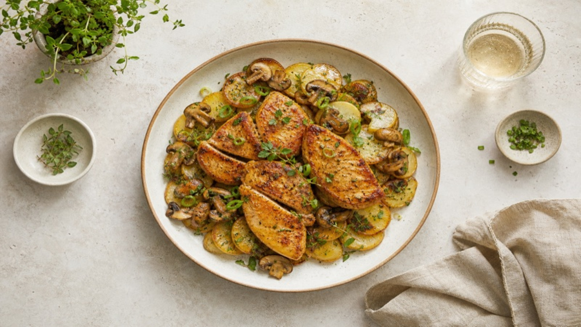 Goldbraune Schmetterlingssteak-Scheiben auf Kartoffel-Champignon-Bett