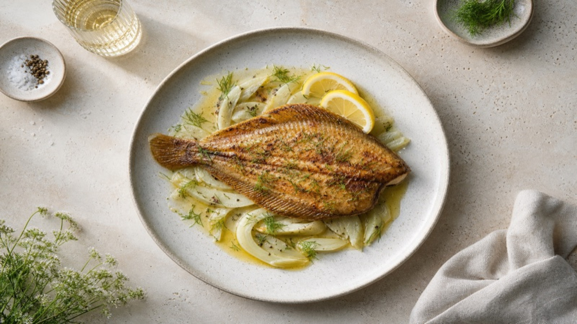 Goldbraune Scholle mit gedünstetem Fenchel und Zitrone