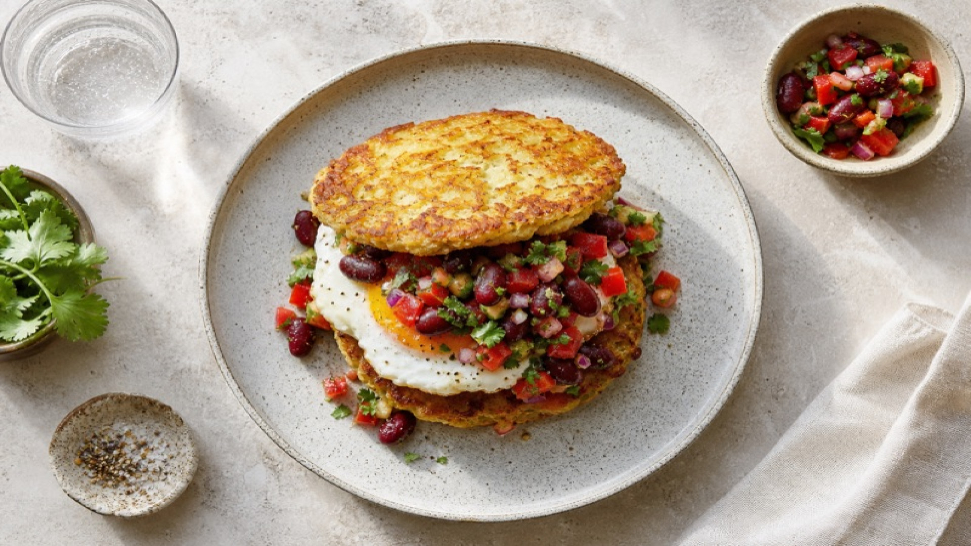 Goldbraunes Kartoffelfladen-Sandwich mit Ei und Kidneybohnen-Salsa