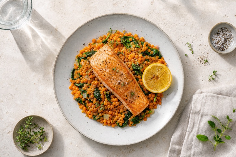 Goldbraunes Lachsfilet mit roten Linsen und Zitrone