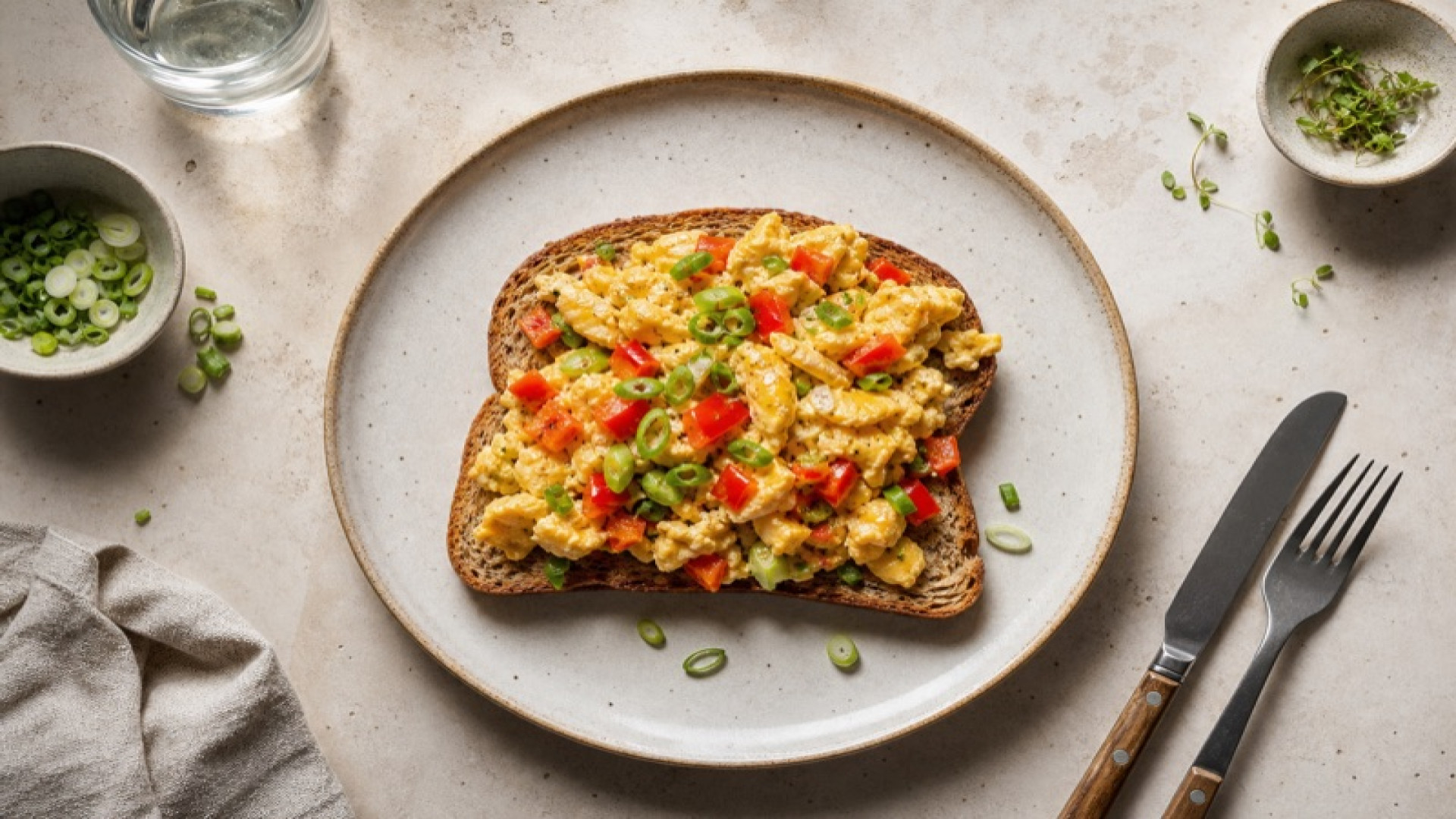 Goldbraunes Rührei mit Paprika und Frühlingszwiebeln auf Mehrkorntoast