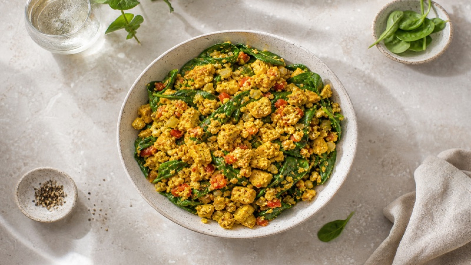 Goldbraune Tofu-Scramble-Bowl mit Babyspinat