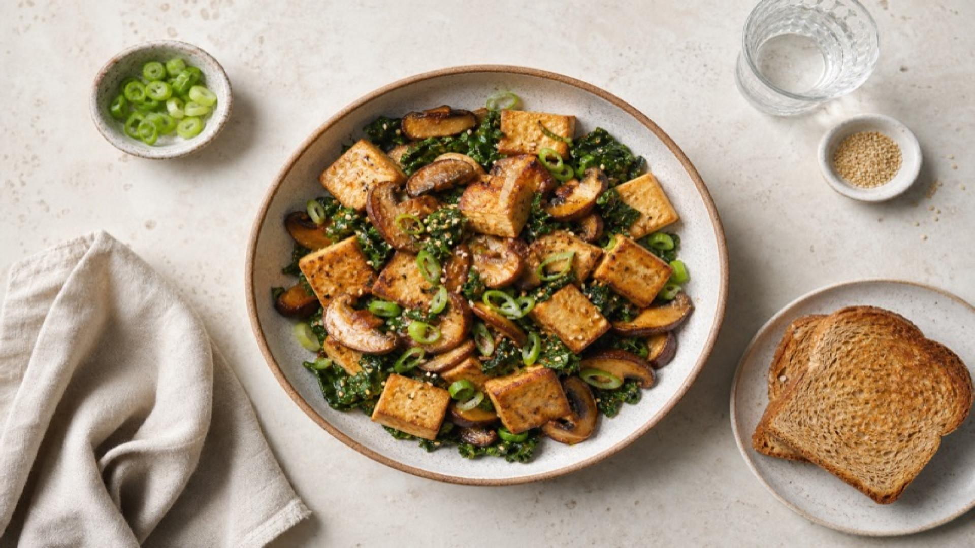 Goldbraune Tofu-Shiitake-Pfanne mit Vollkorntoast