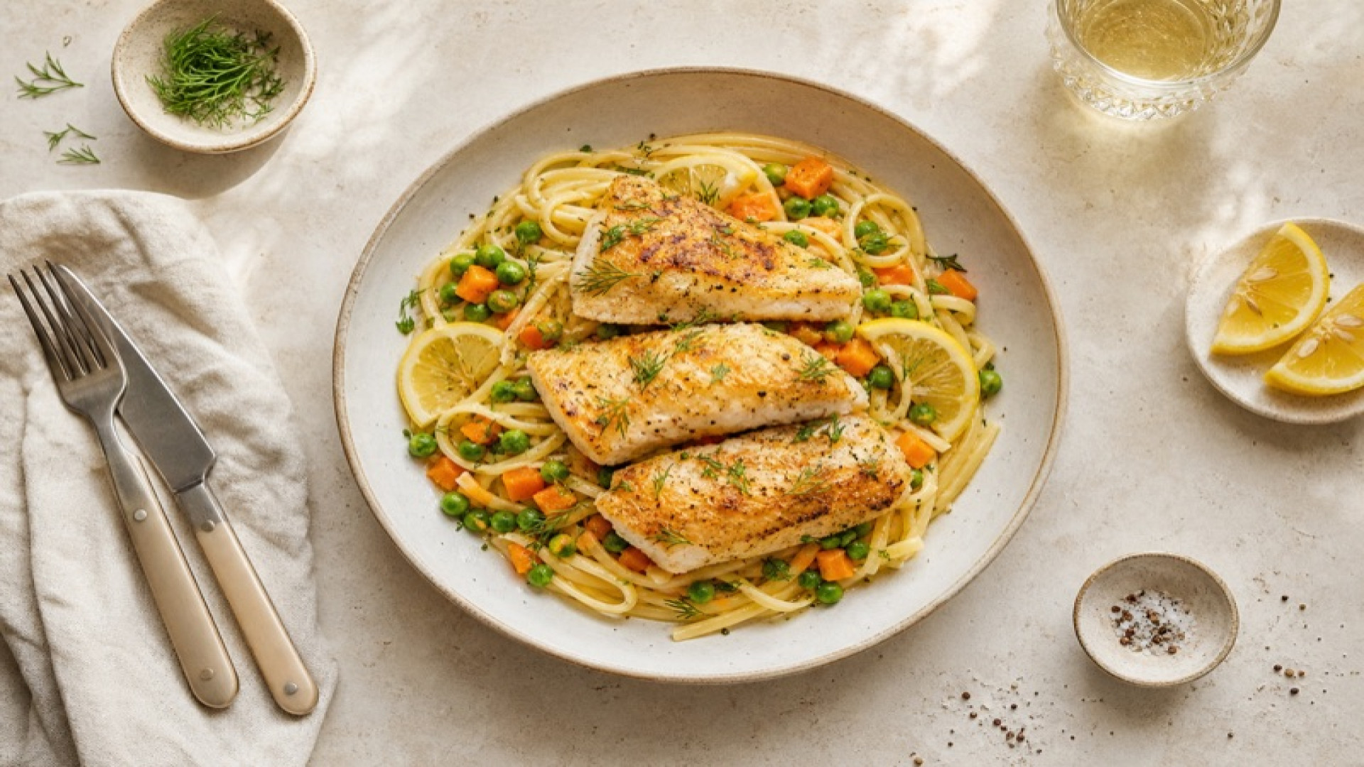Goldbraune Zanderfilet-Pasta mit Erbsen-Karotten und Zitrone