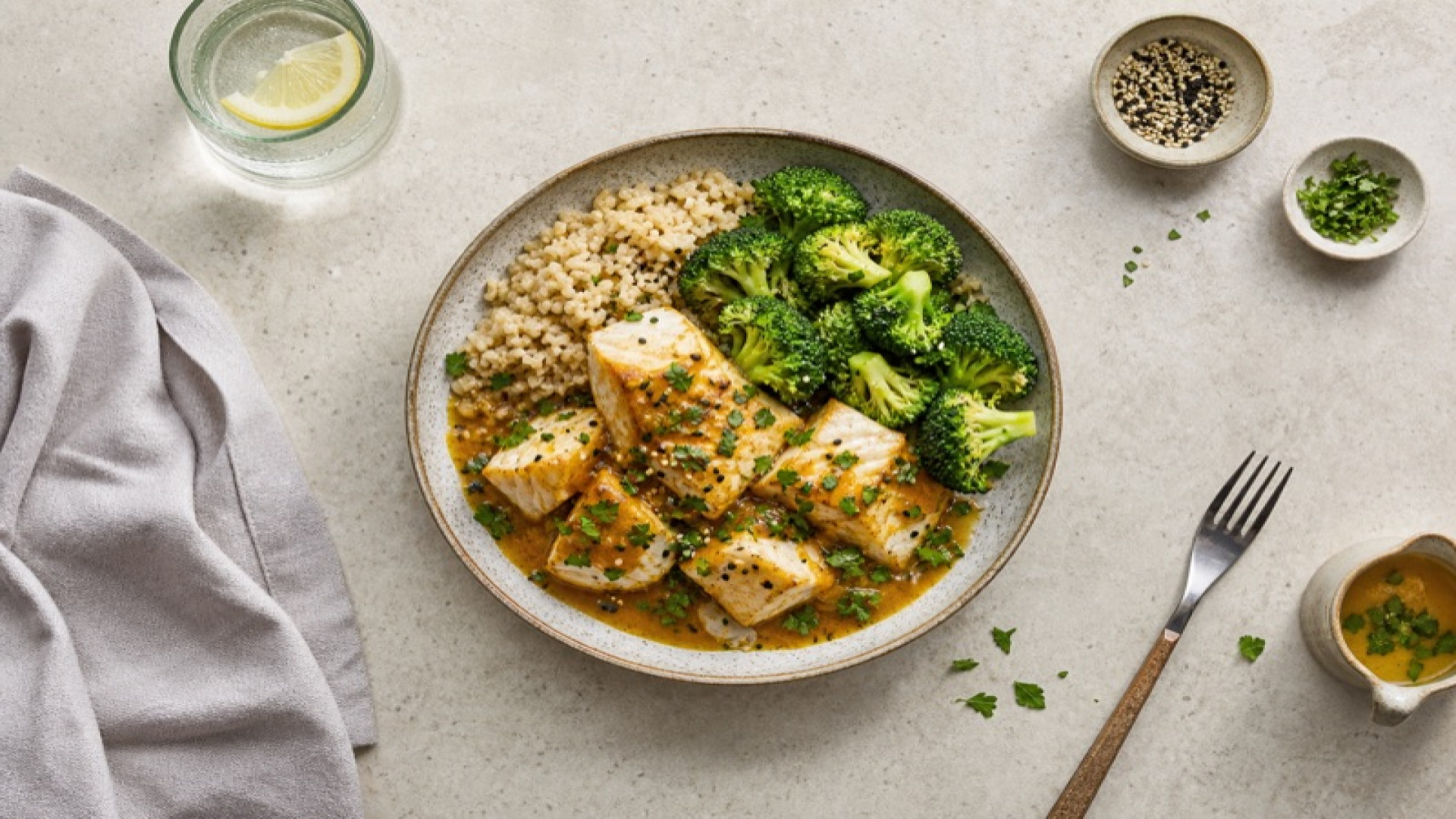 Goldene Alaska-Seelachs-Bowl mit gedünstetem Broccoli