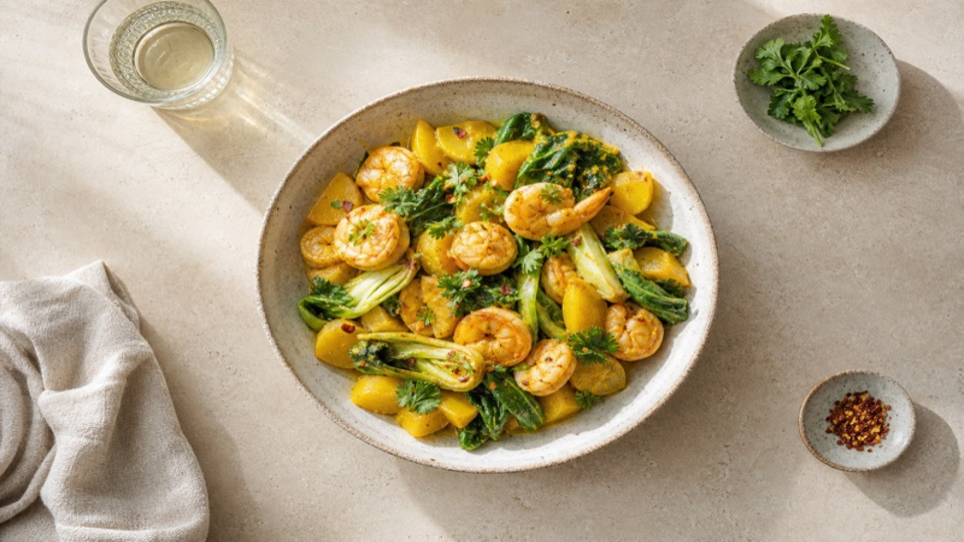 Goldene Curry-Kartoffeln mit Garnelen und Pak-Choi-Spinat