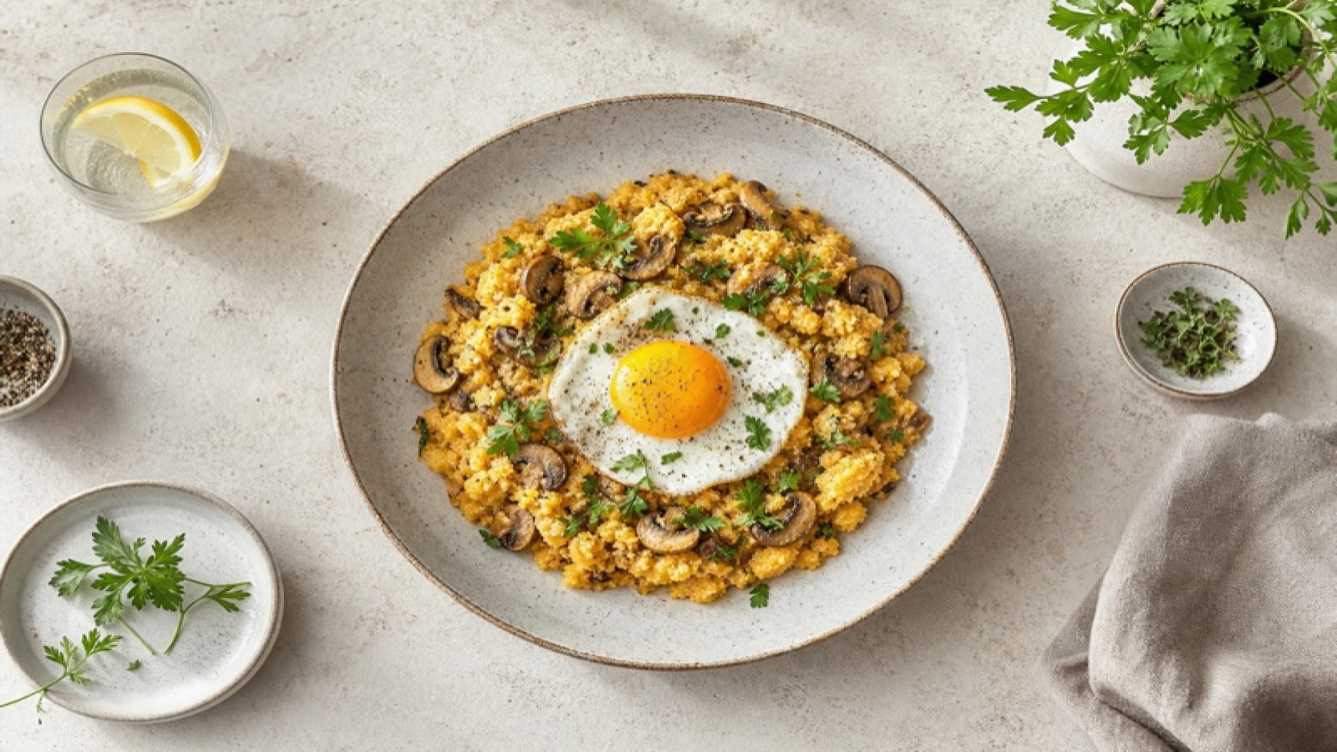 Goldene Hafergrieß-Pfanne mit Champignons und Ei