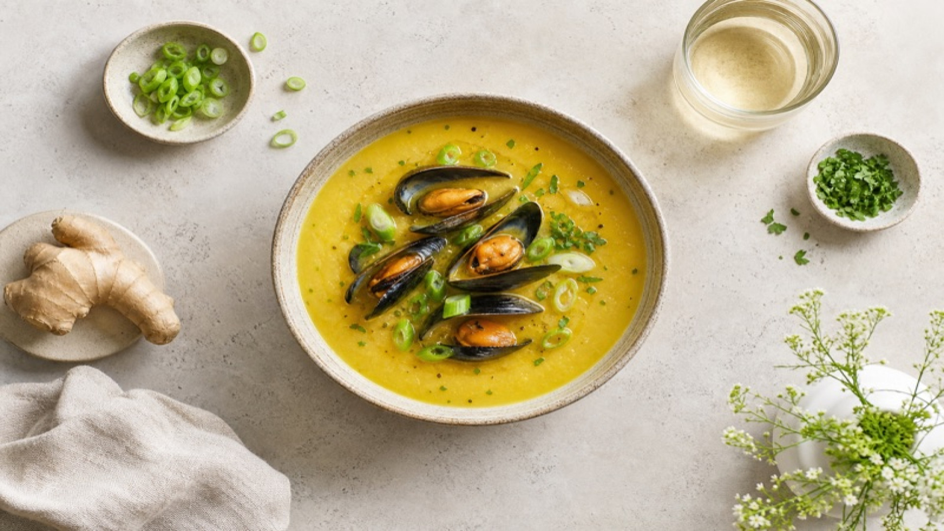 Goldene Kartoffel-Ingwer-Suppe mit Miesmuscheln und Frühlingszwiebeln