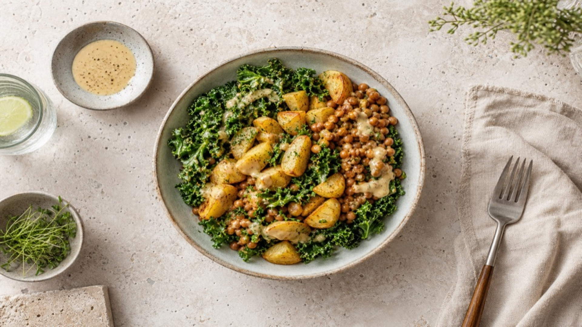 Goldene Kartoffel-Linsen-Bowl mit Grünkohl