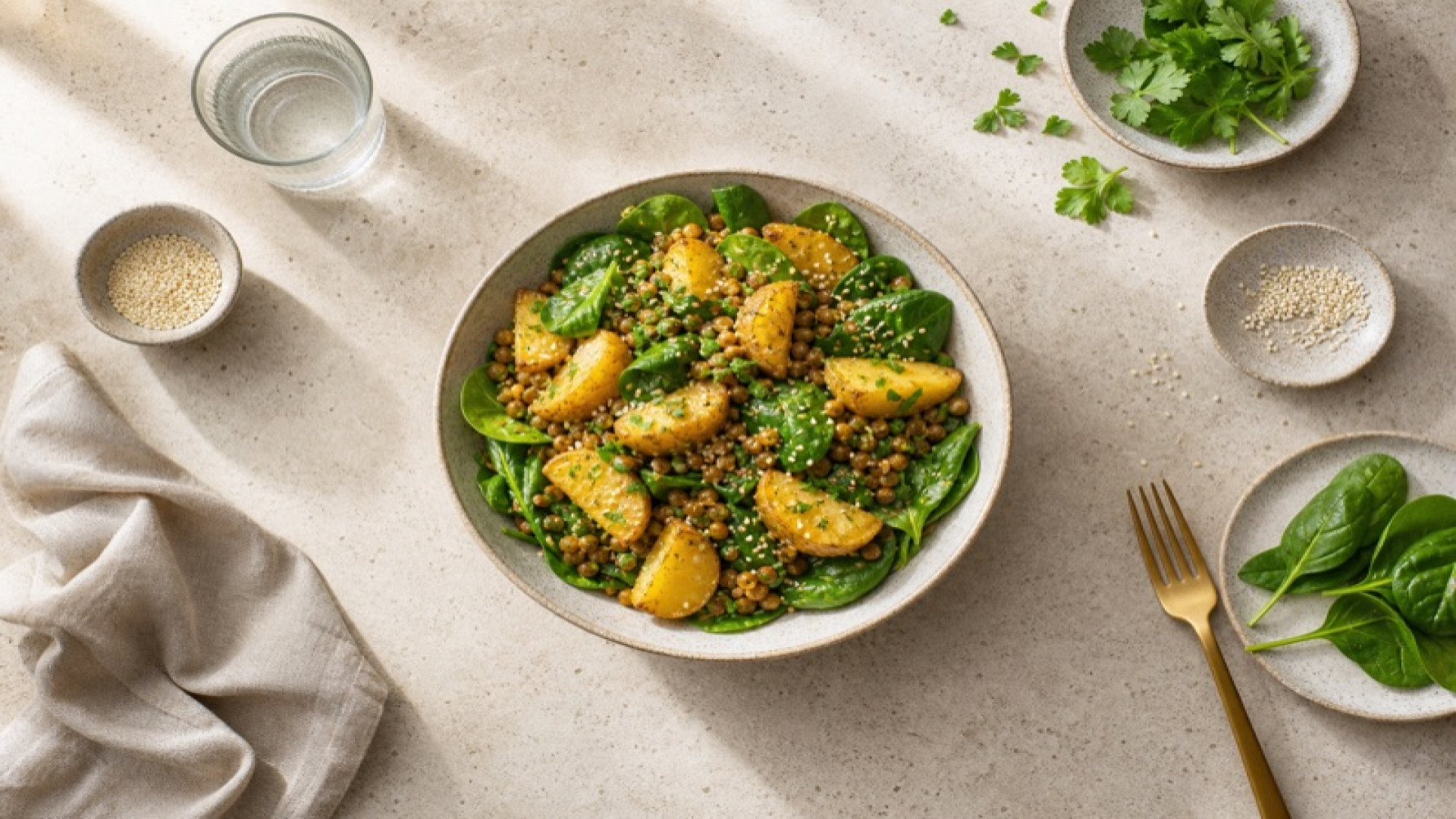 Goldene Kartoffel-Linsen-Bowl mit Spinat und Sesam