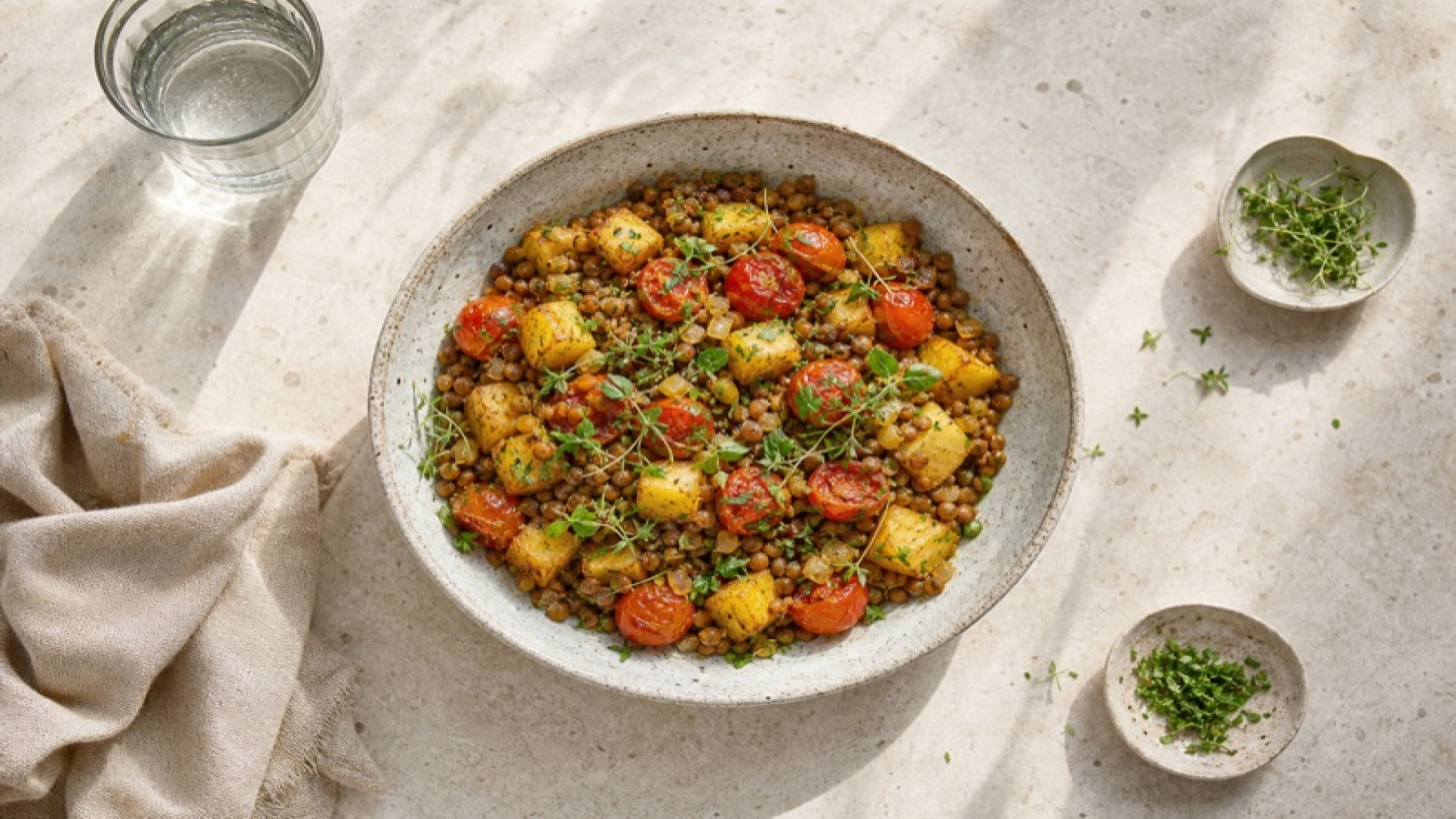 Goldene Kartoffel-Linsen-Bowl mit Tomaten