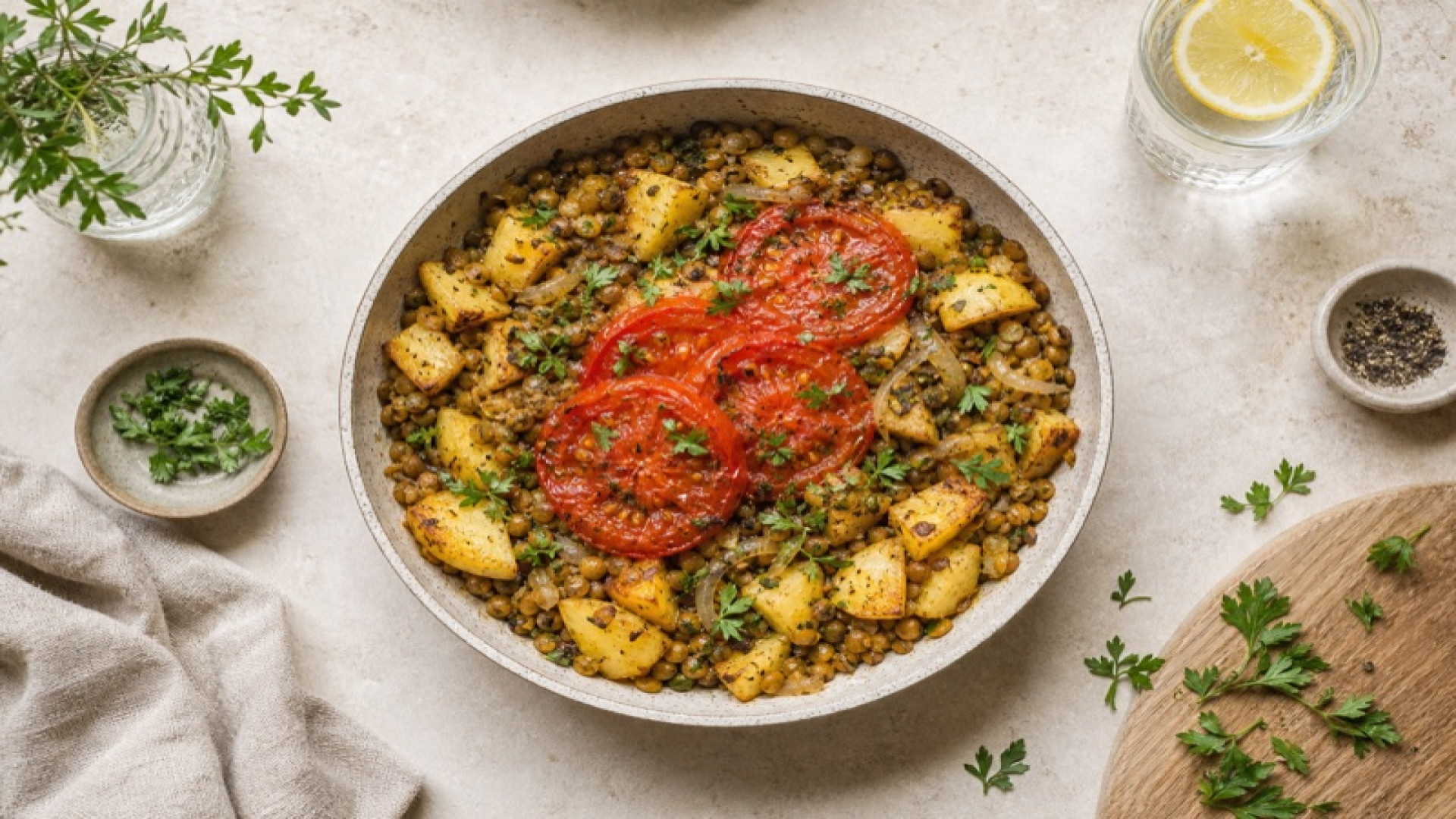 Goldene Kartoffel-Linsen-Pfanne mit gedünsteter Tomate