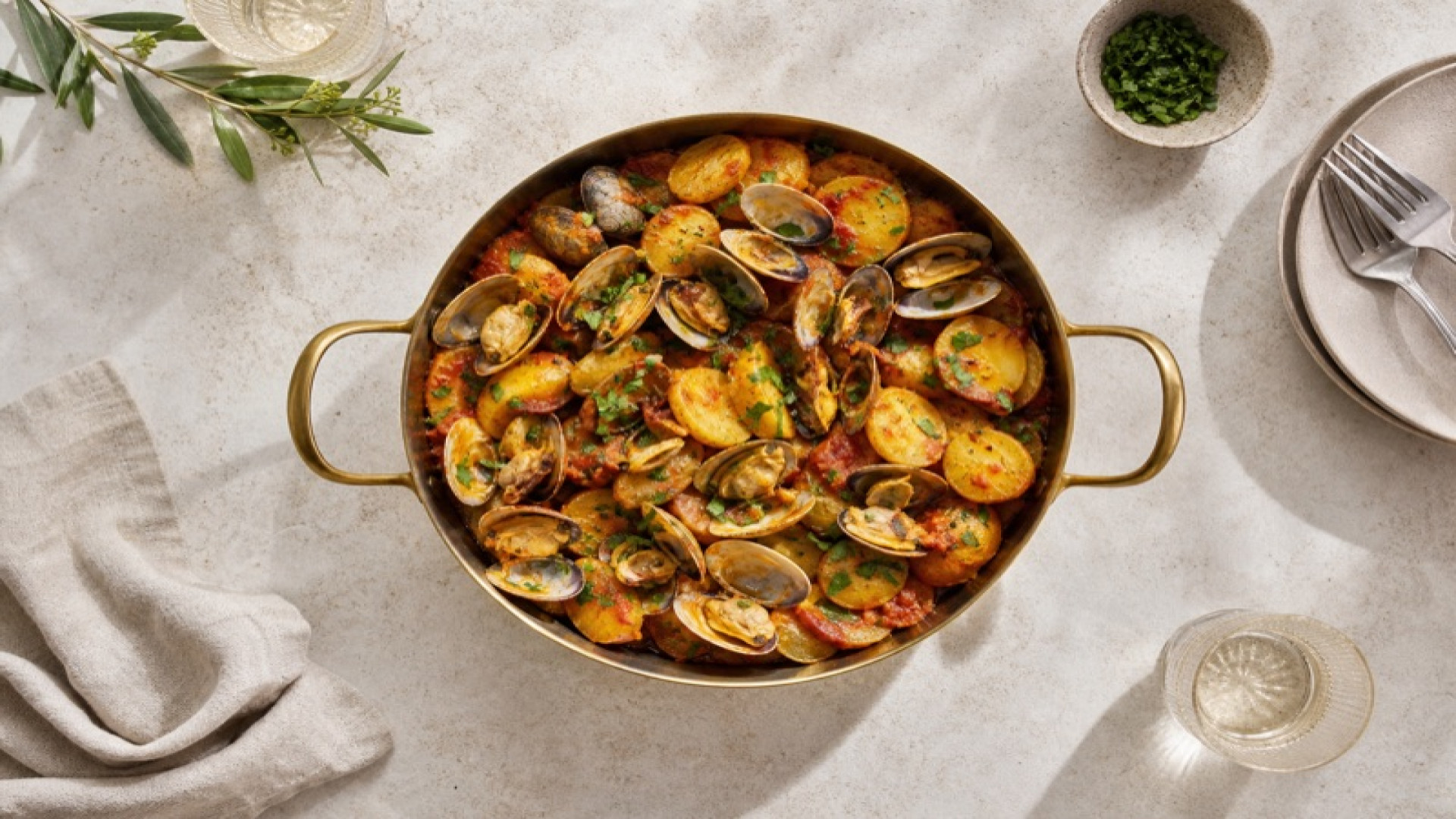 Goldene Kartoffel-Pfanne mit Venusmuscheln und Tomatenmark