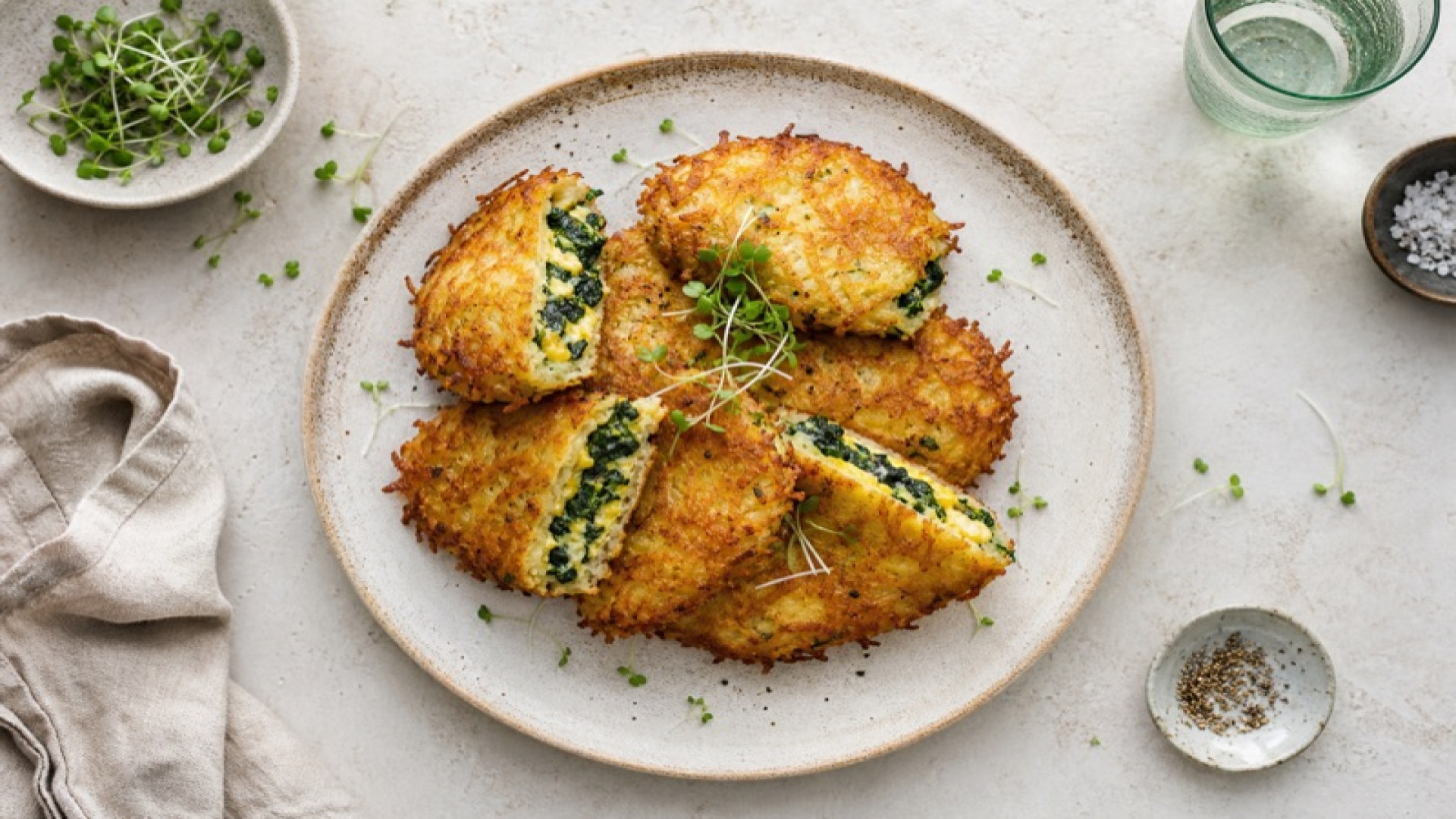 Goldene Kartoffel-Röstis mit Spinat-Ei-Füllung