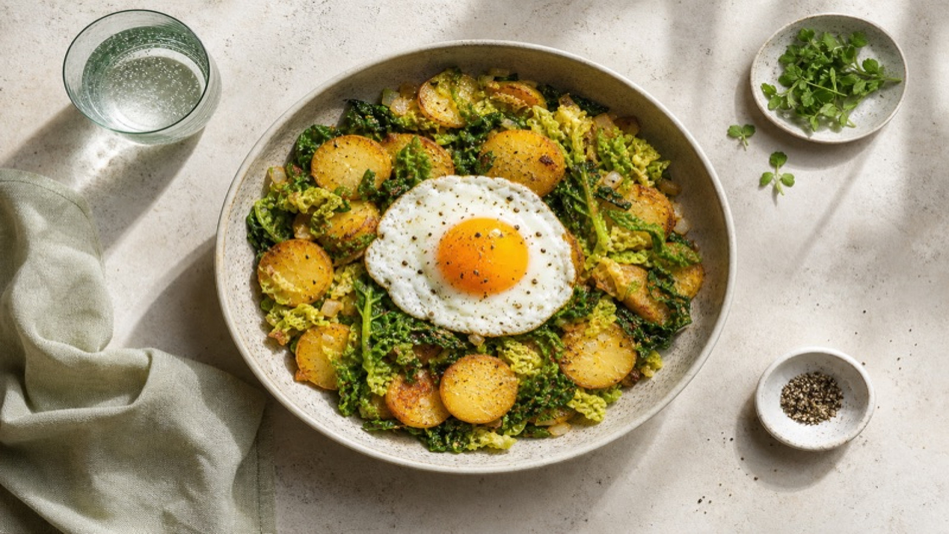 Goldene Kartoffel-Wirsing-Pfanne mit Spiegelei