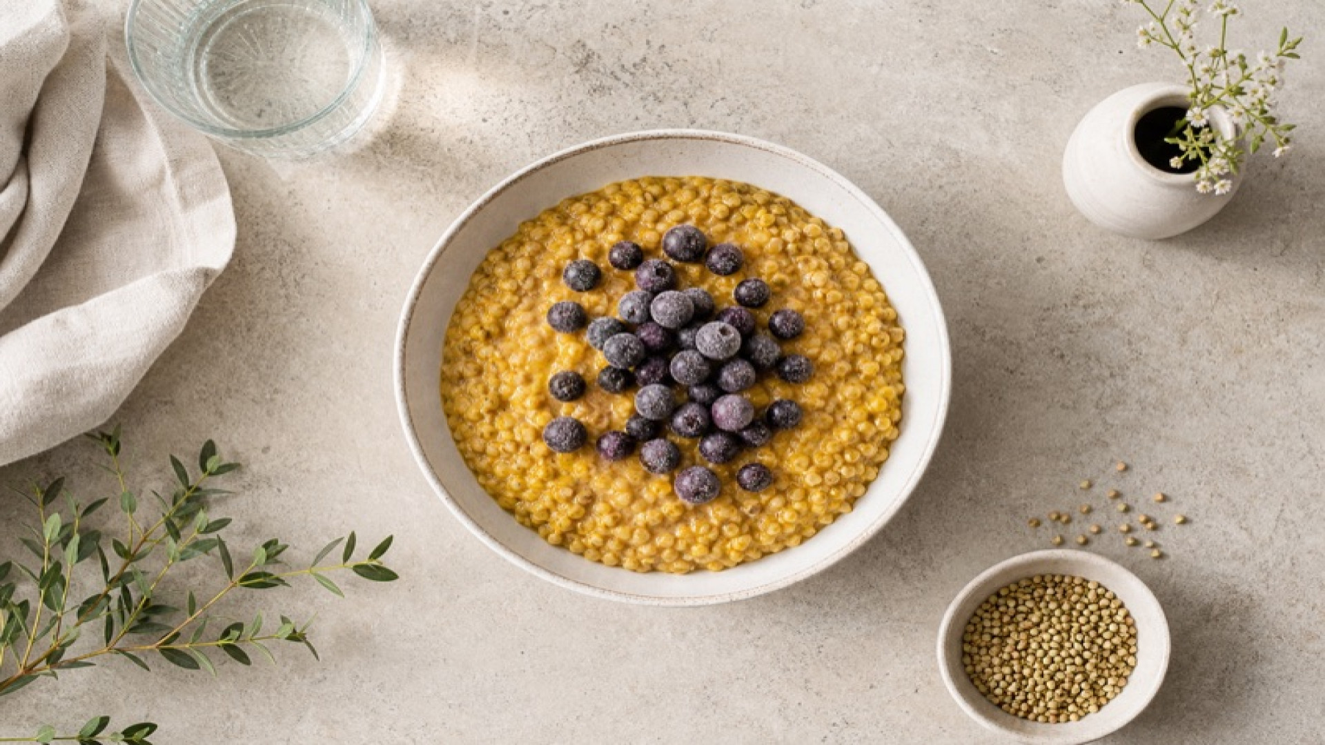 Goldener Buchweizen-Porridge mit gefrorenen Blaubeeren