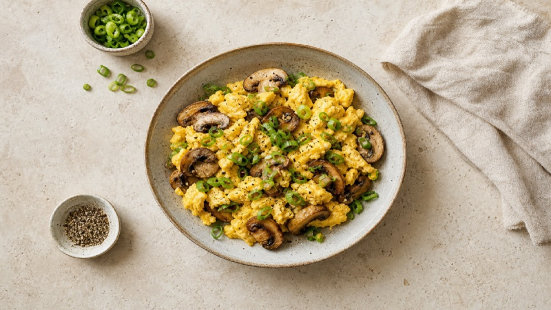 Goldene Rührei-Bowl mit Champignons und Frühlingszwiebeln