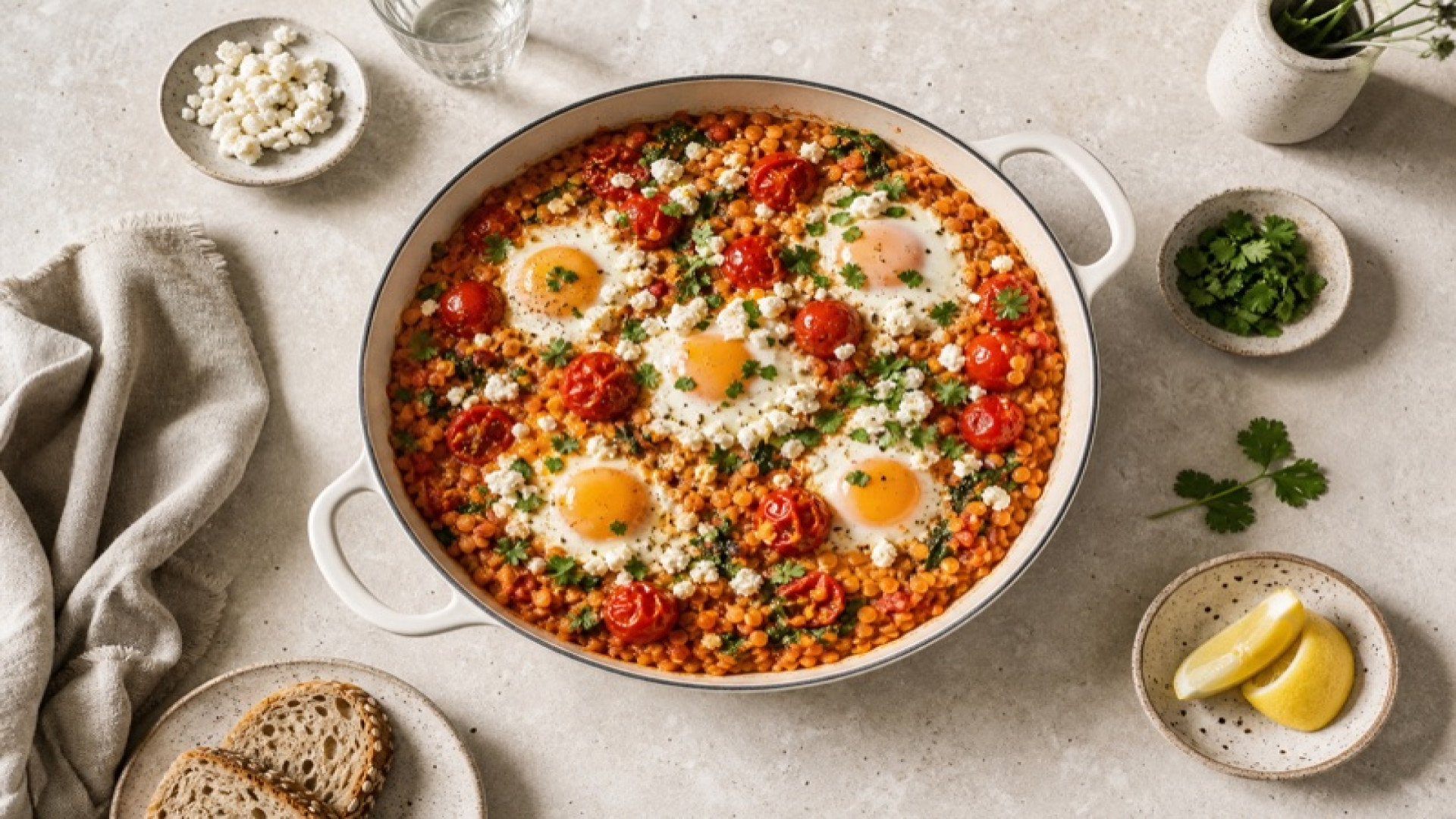 Goldene Rote-Linsen-Pfanne mit Datteltomaten und Ei