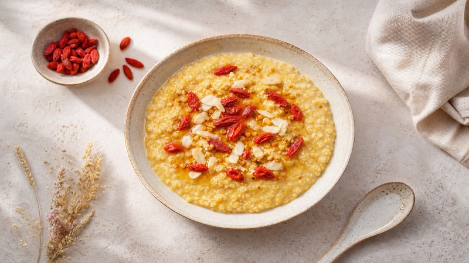 Goldenes Dinkelgrieß-Porridge mit Gojibeeren