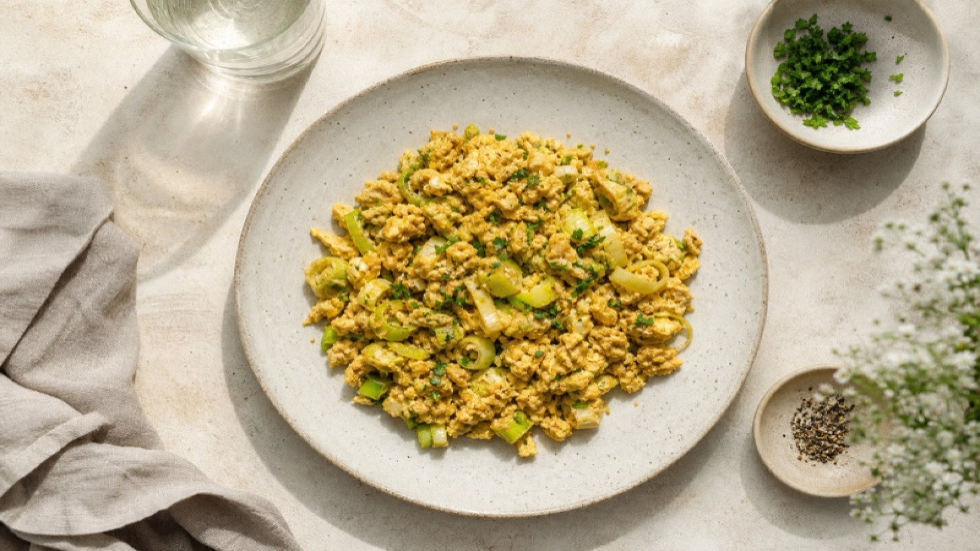 Goldenes Grünkern-Rührei mit Porree und Rapsöl