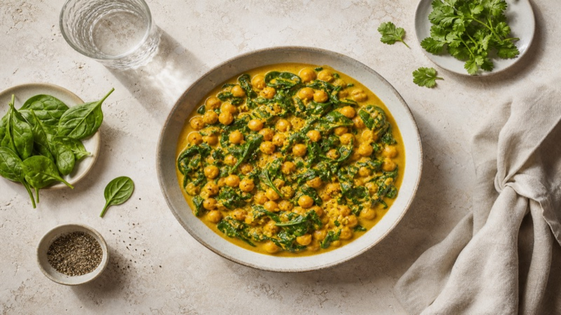 Goldenes Kurkuma-Curry mit Kichererbsen und Spinat