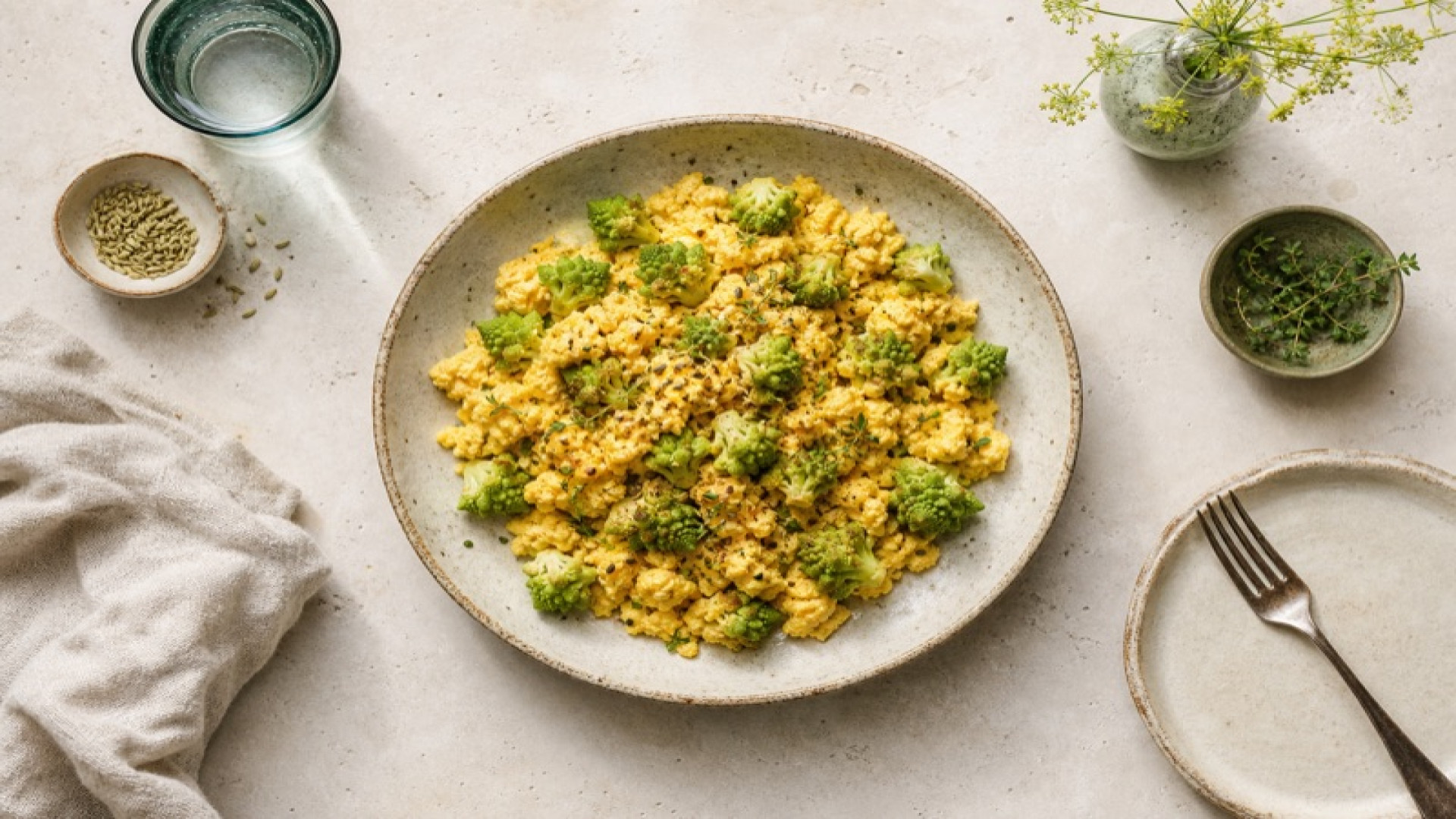 Goldenes Rührei mit Romanesco und Fenchelsamen