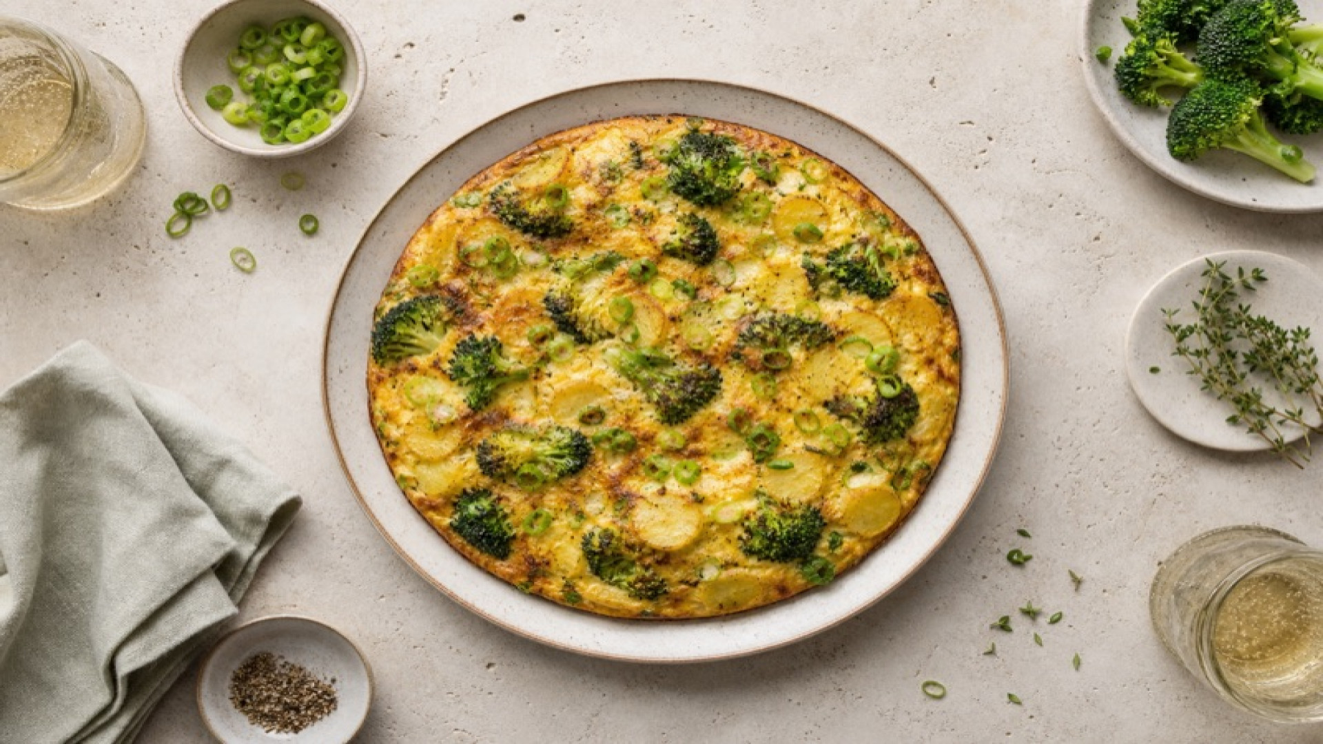 Goldgelbe Kartoffel-Frühlingszwiebel-Frittata mit Brokkoli