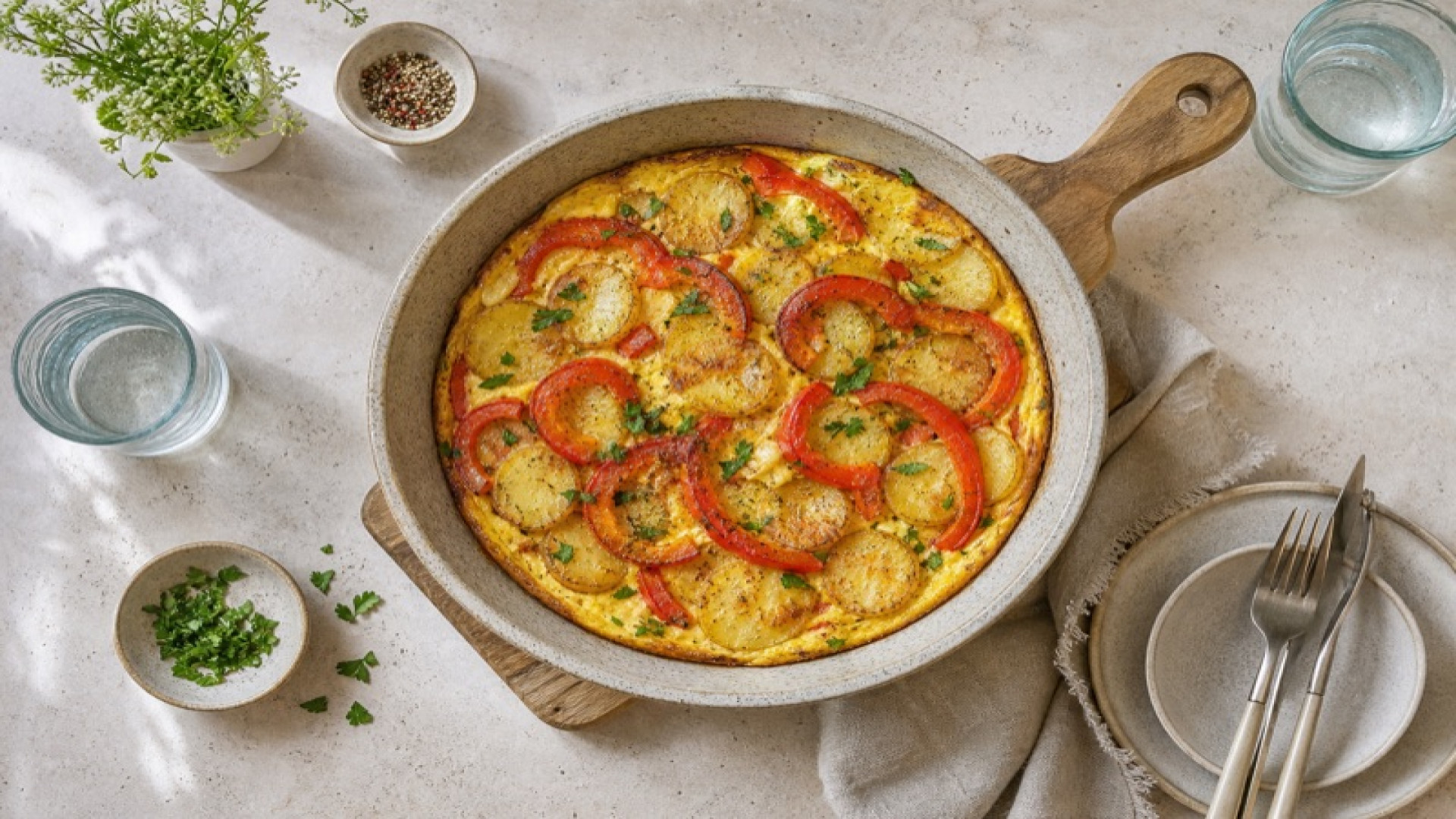 Goldgelbe Kartoffel-Omelett-Pfanne mit Paprika