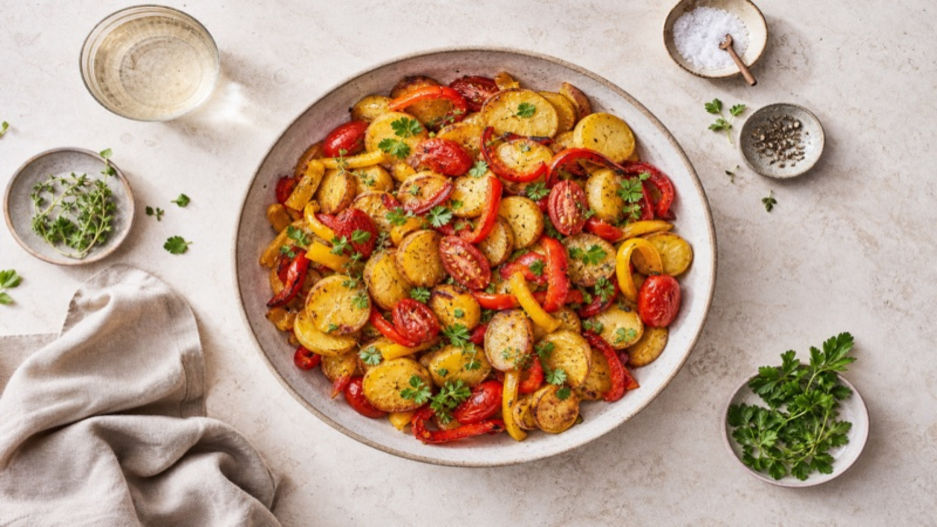 Goldgelbe Kartoffel-Paprika-Pfanne mit Datteltomaten