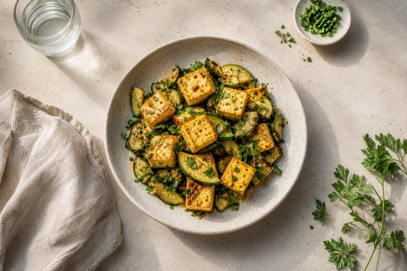 Goldgelber Tofu mit geschmorter Zucchini und gehackten Kräutern