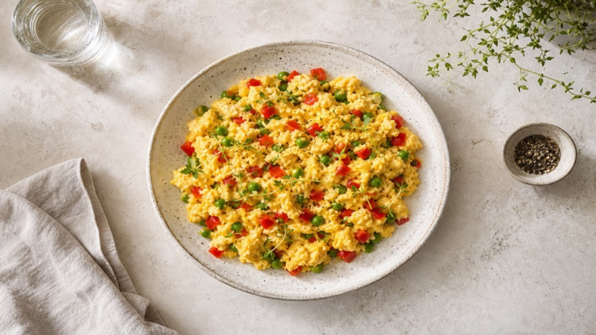 Goldgelbes Rührei mit Erbsen und rotem Paprika