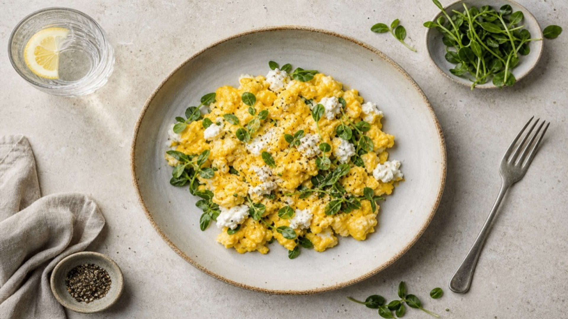 Goldgelbes Rührei mit Portulak und körnigem Frischkäse