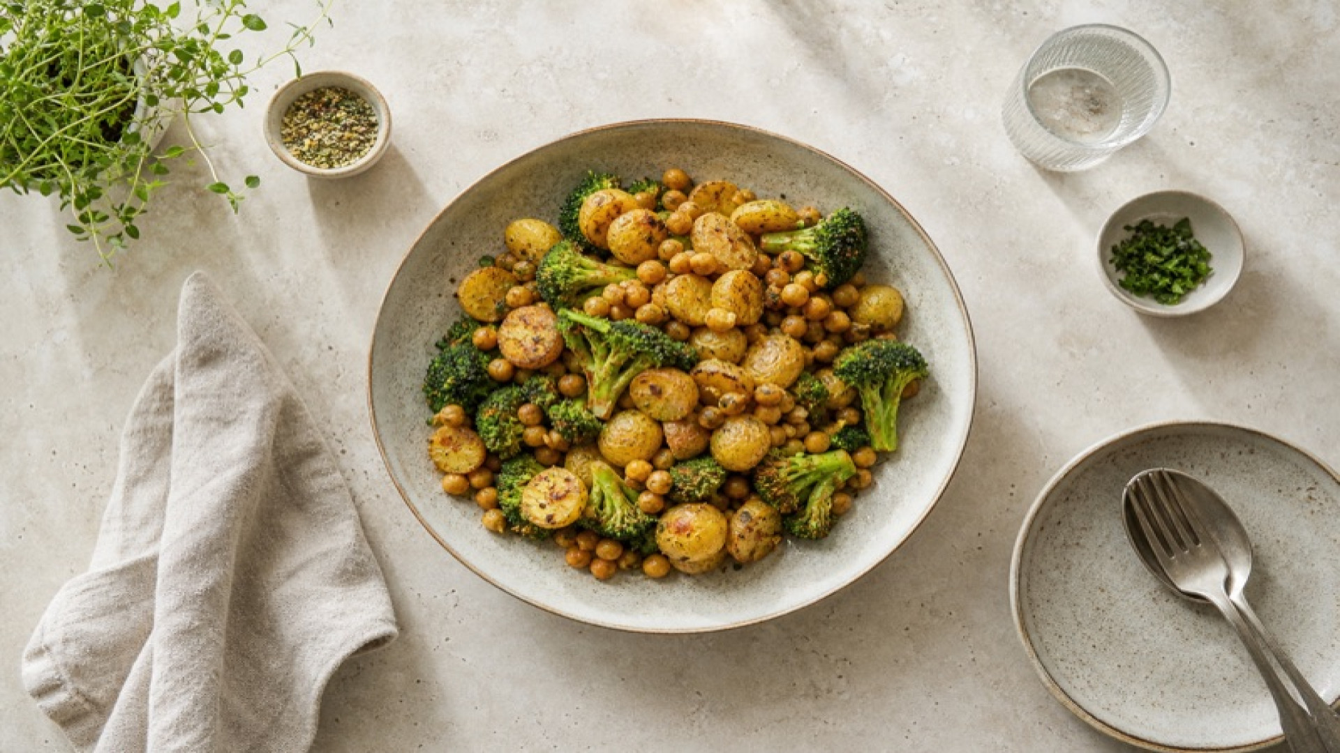 Goldkartoffeln mit Kichererbsen und Brokkoli